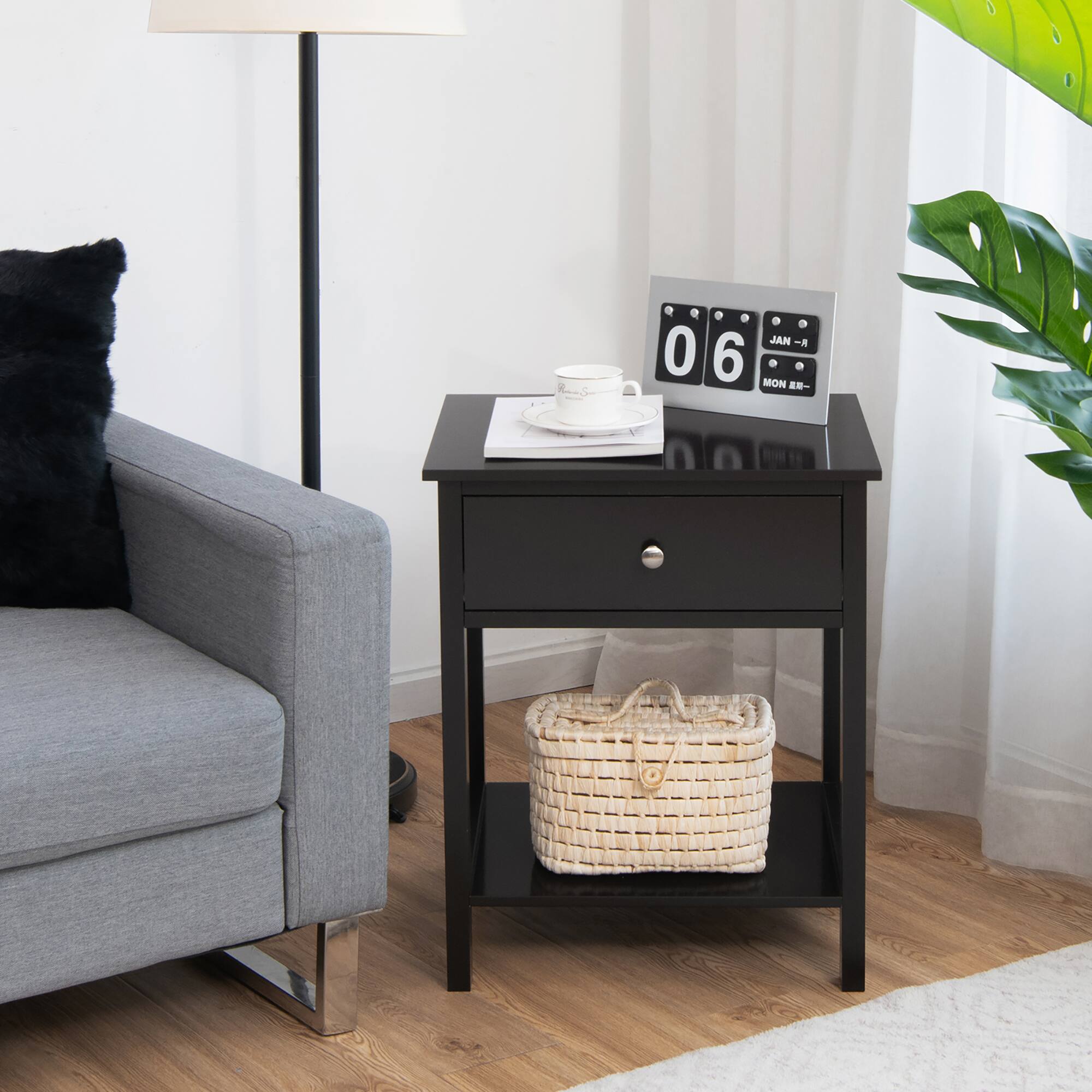 Costway Nightstand with Drawer Storage Shelf Wooden Bedside Sofa Side