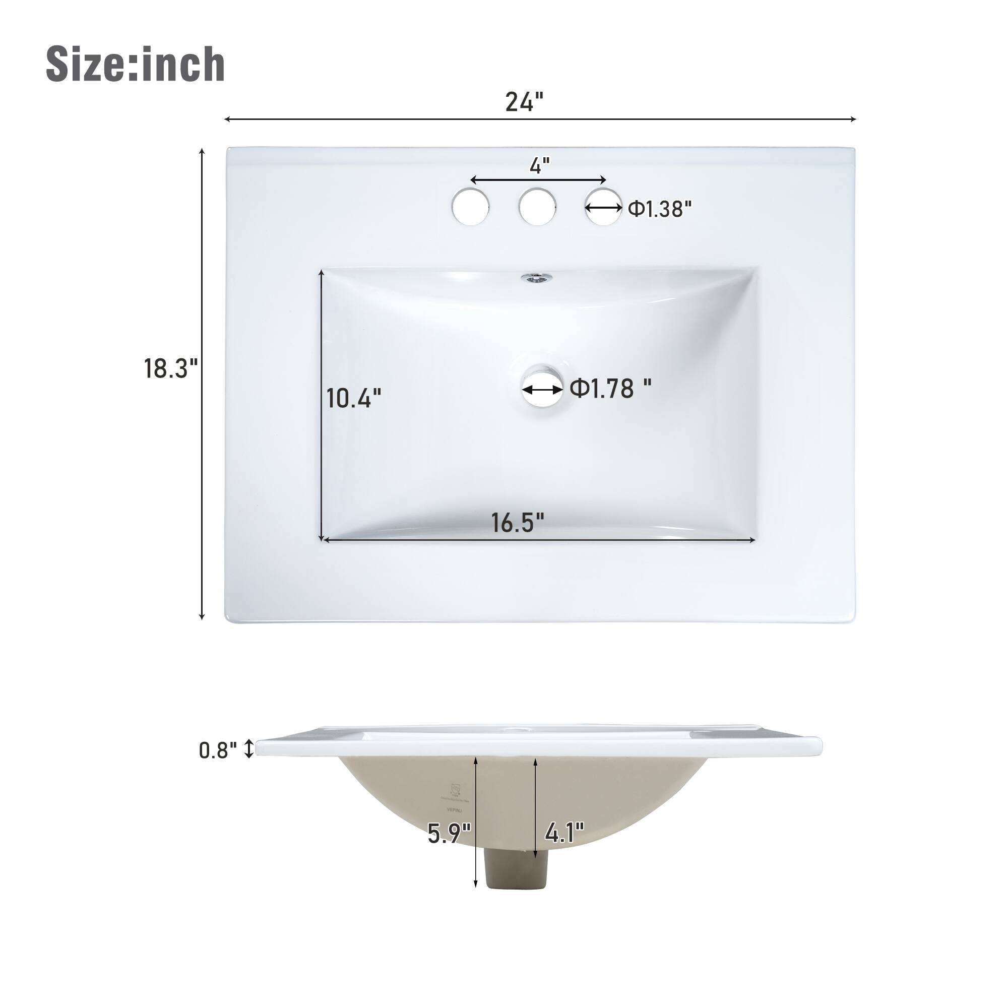 Size: inch  
24"  
4"  
1.38"  
18.3"  
10.4"  
1.78"  
16.5"  
0.8"  
5.9"  
4.1"
