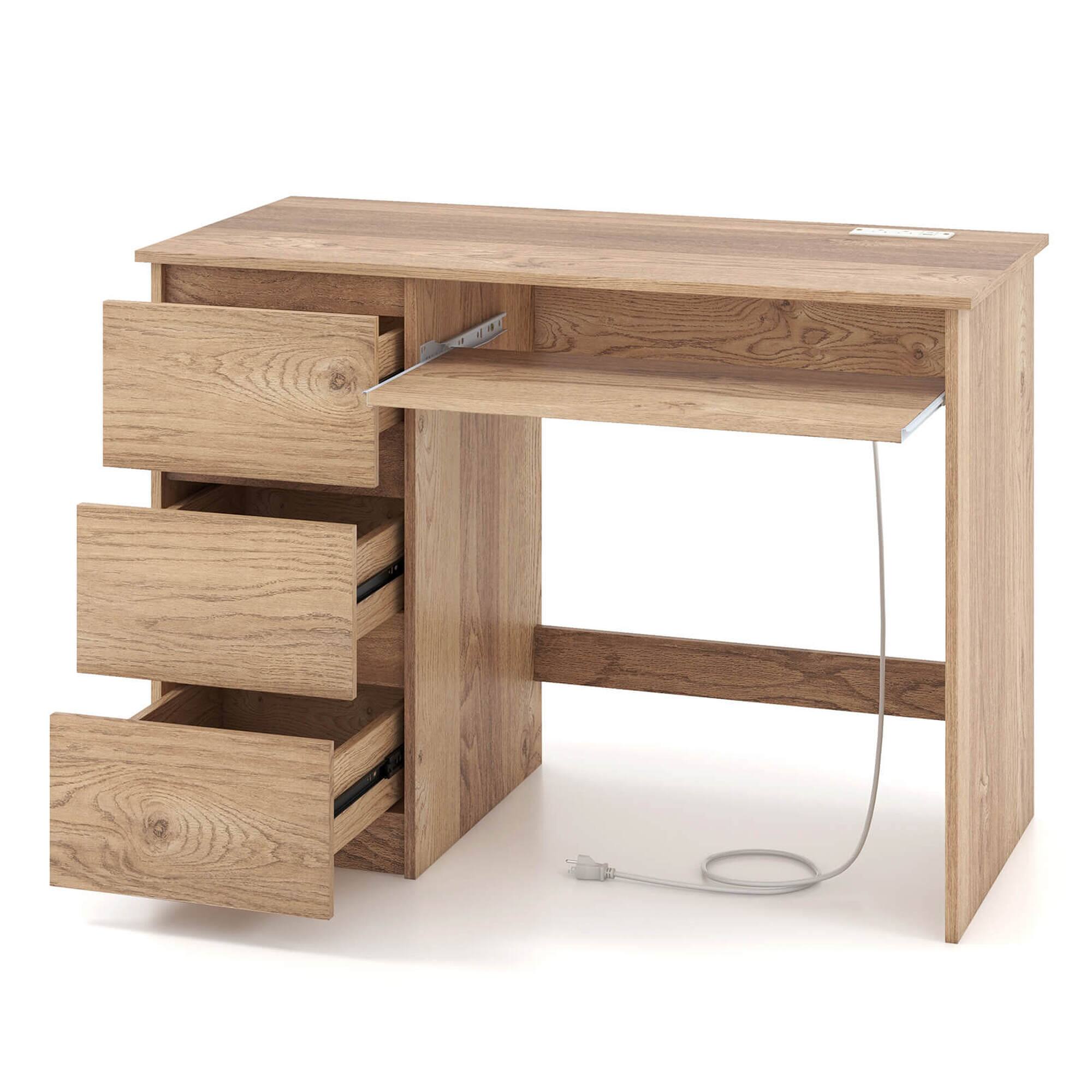 Angle. Costway - Costway Computer Desk with Outlet Keyboard Tray & 3 Large Drawers Type-C & USB Ports - Natural.