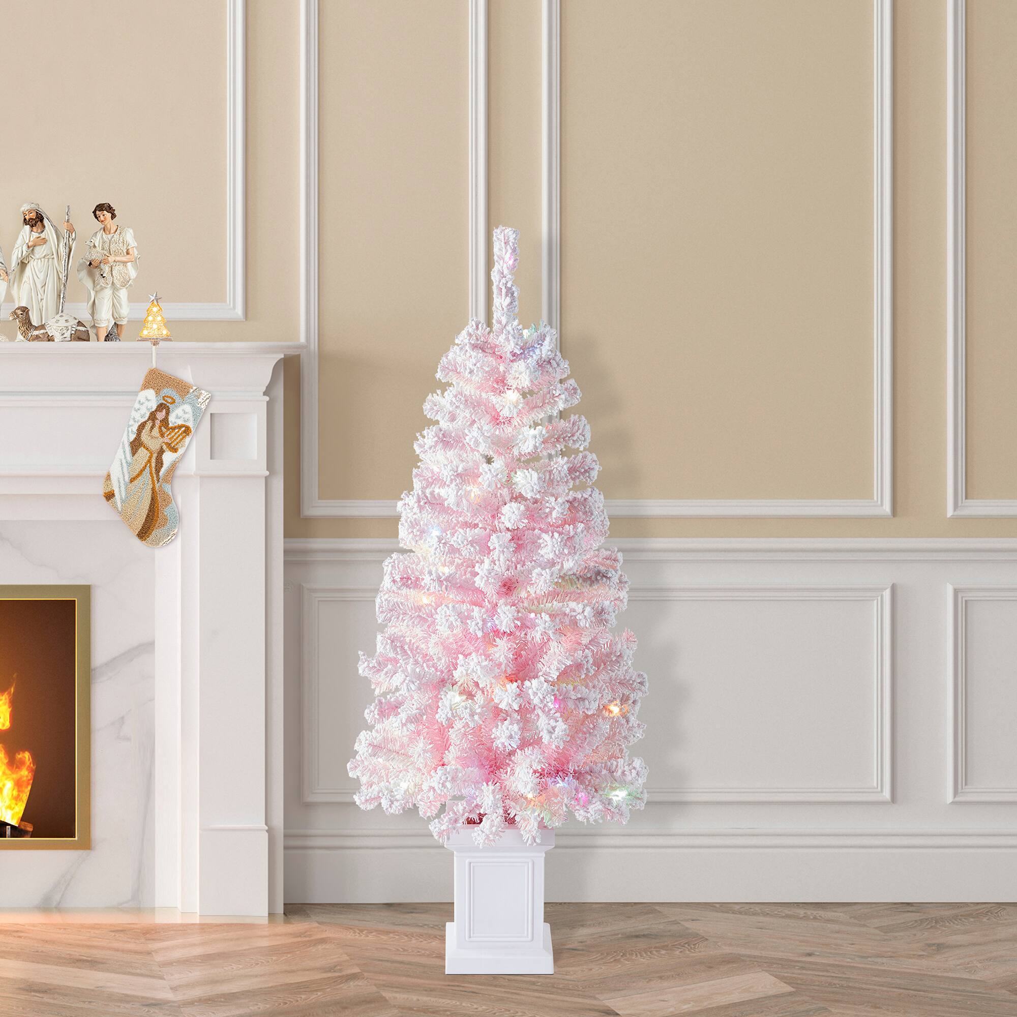 Alt View 6. Glitzhome - 4ft Pre-Lit Flocked Pink Artificial Christmas Porch Tree, 100 white/multi-color LED Lights,8 function, Foot Pedal - White.