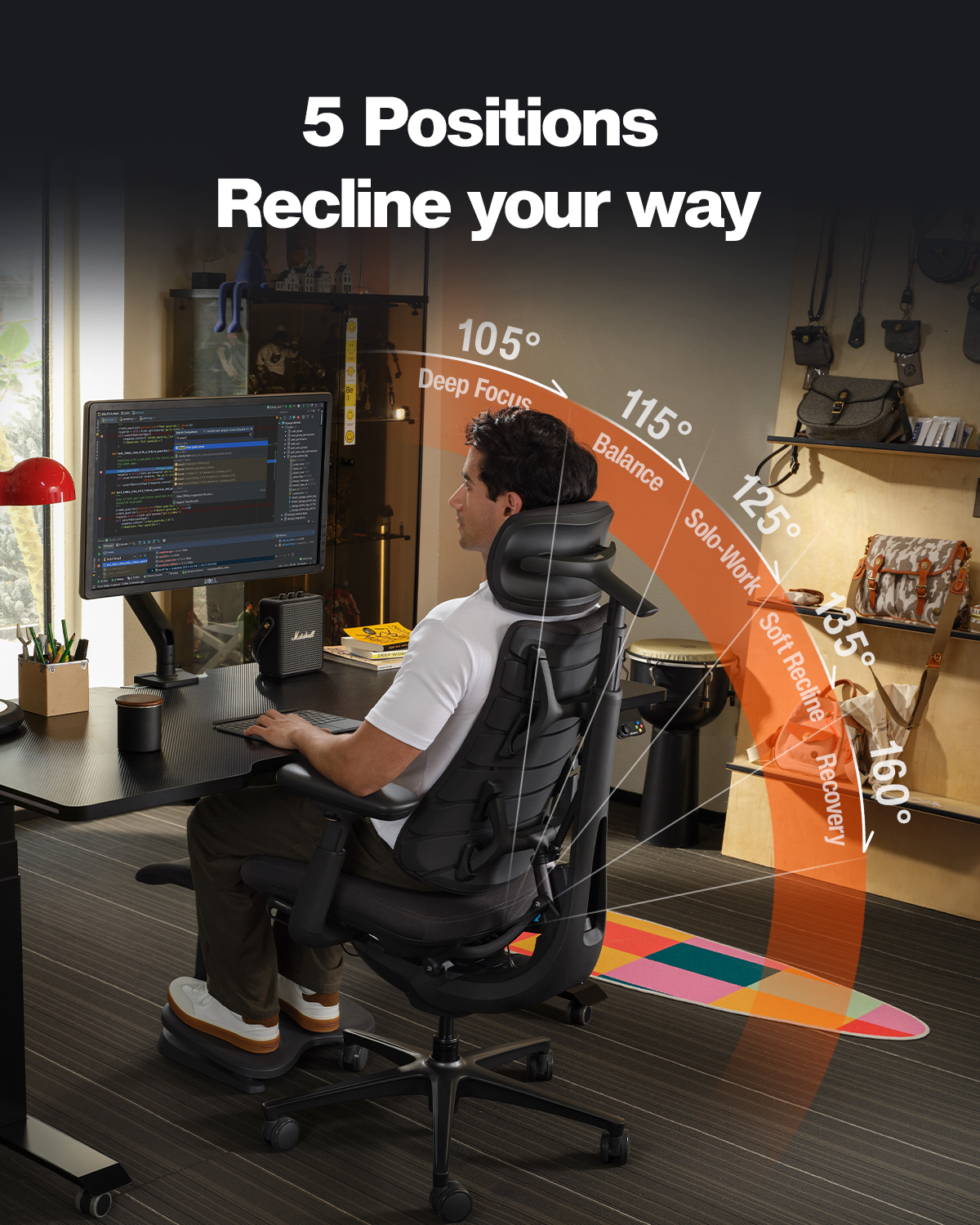 5 Positions Recline your way

- 105° Deep Focus
- 115° Balance
- 125° Solo-Work
- 135° Soft Recline
- 160° Recovery