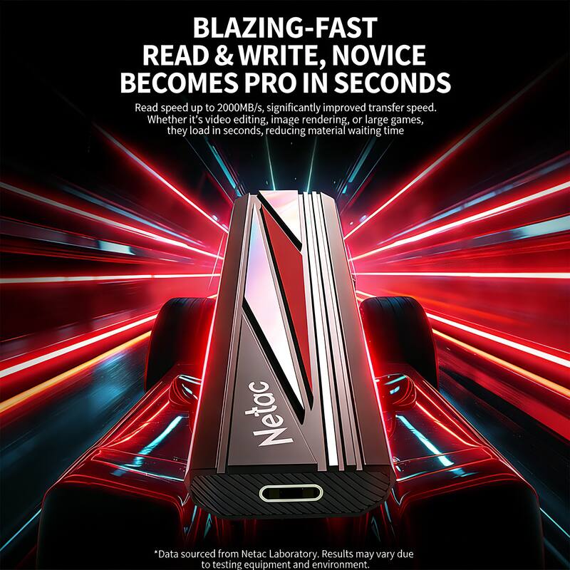 BLAZING-FAST READ & WRITE, NOVICE BECOMES PRO IN SECONDS

Read speed up to 2000MB/s, significantly improved transfer speed. Whether it's video editing, image rendering, or large games, they load in seconds, reducing material waiting time

*Data sourced from Netac Laboratory. Results may vary due to testing equipment and environment.