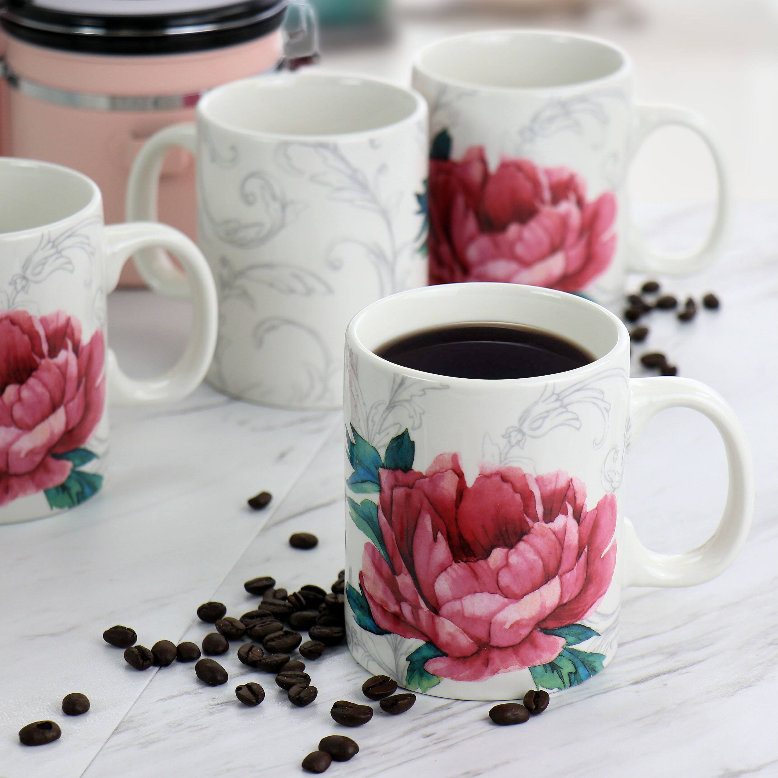 Alt View 5. Martha Stewart - Martha Stewart Peony 4 Piece 16 Ounce Fine Ceramic Mug Set in White and Pink - Pink.