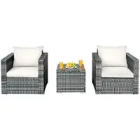 Costway 3 PC Patio Rattan Furniture Bistro Set Cushioned Sofa Chair Table - White - Front_Zoom