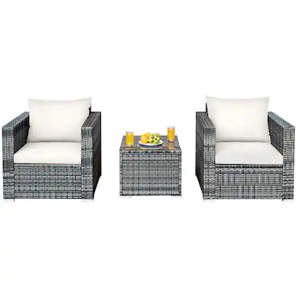 Front. Costway - 3 PC Patio Rattan Furniture Bistro Set Cushioned Sofa Chair Table - White.