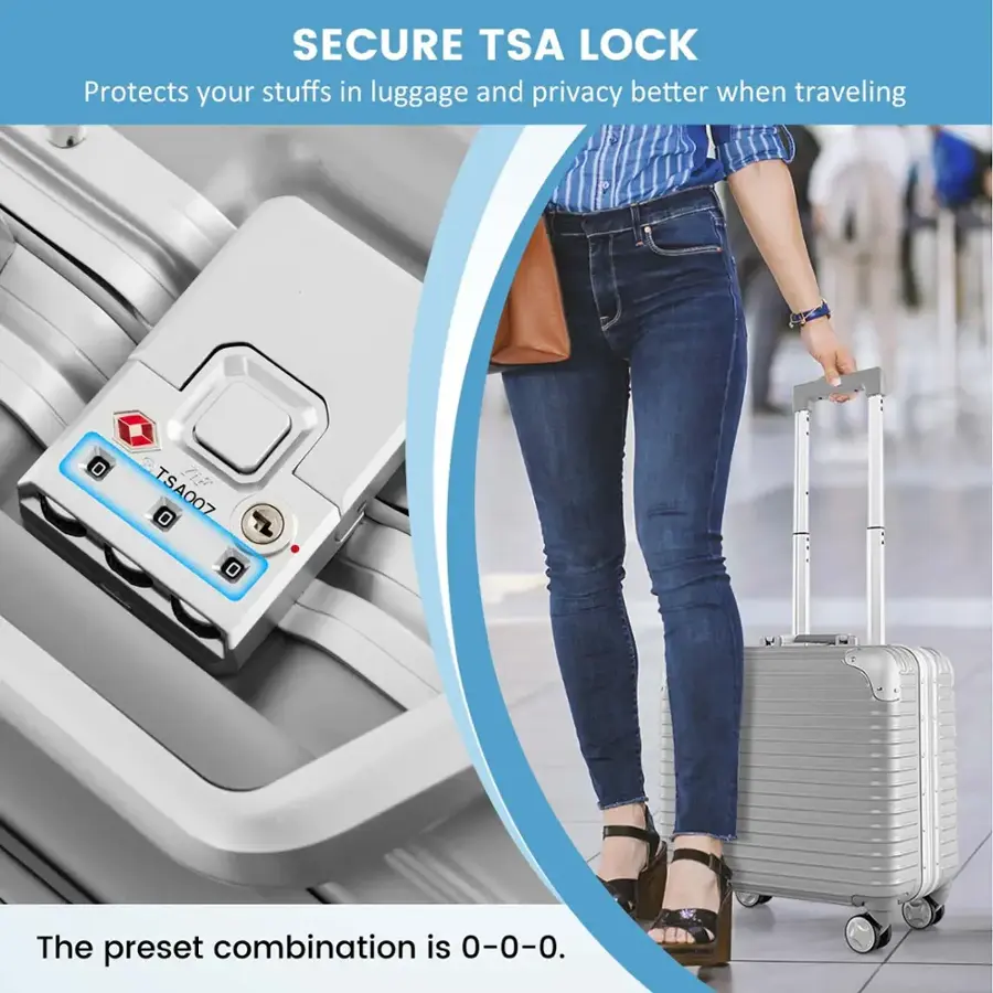 SECURE TSA LOCK Protects your stuffs in luggage and privacy better when traveling. The preset combination is 0-0-0.