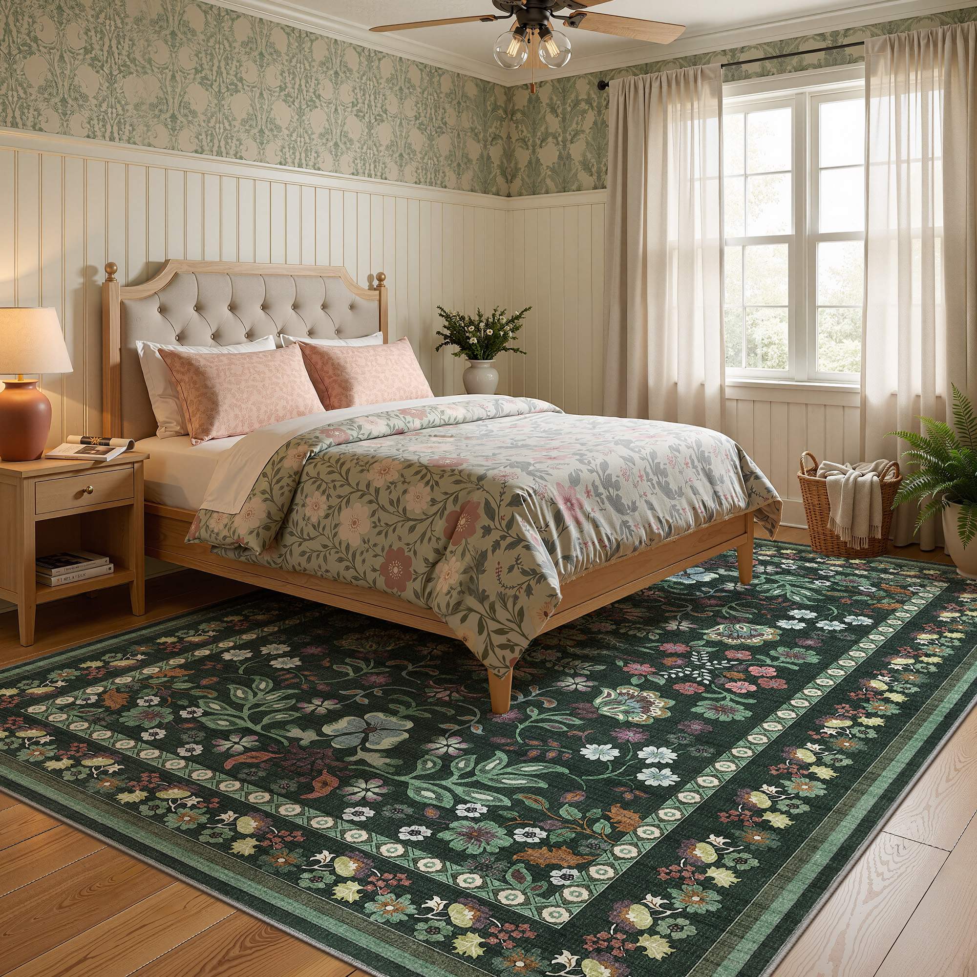 Angle. Yardgrace - 8'x10' ft Floral Bohemian Area Rug, Vintage Washable Printed Boho Carpet for Living Room Bedroom - Dark Green.