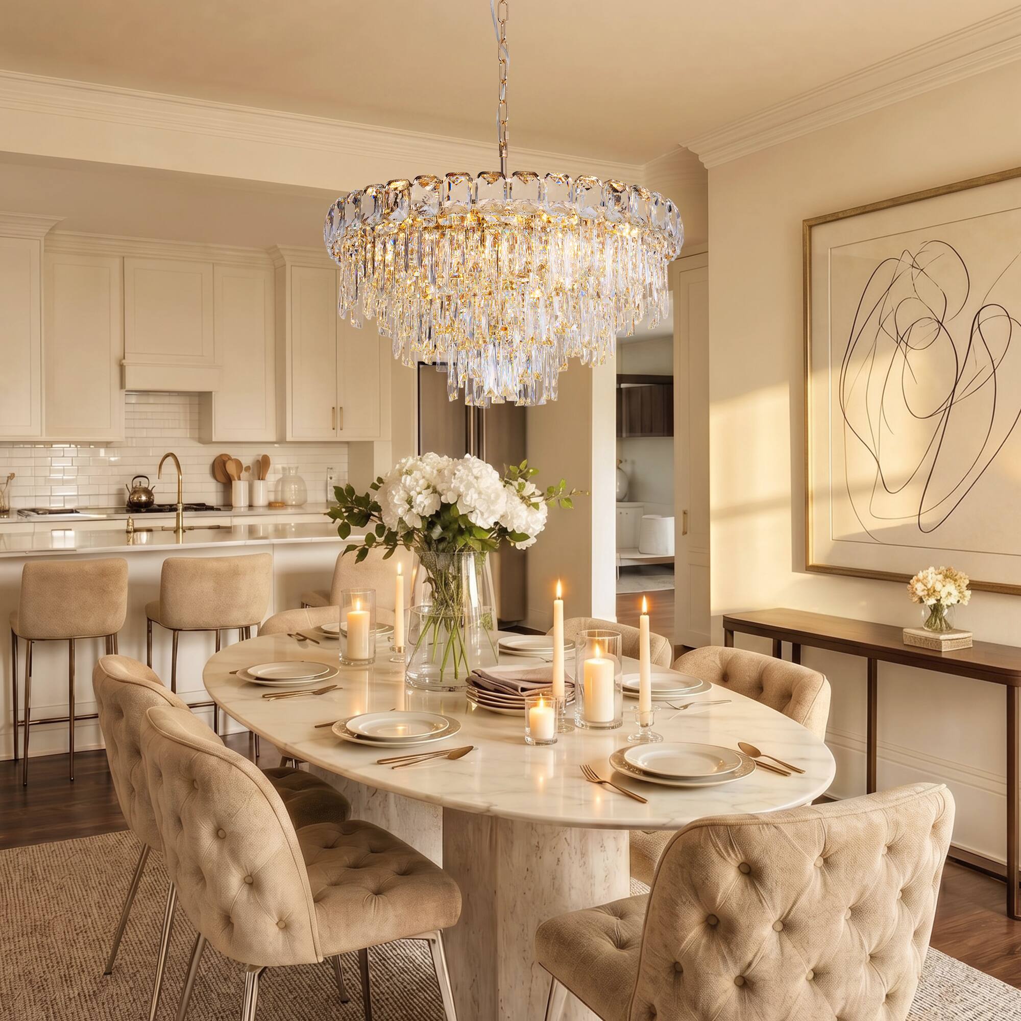 Left. Siljoy - 24 Inch Round Luxury Rose Gold Multi-Layer Crystal Chandelier, Ceiling Pendant Light for  Living Room and Foyer - Rose Gold.