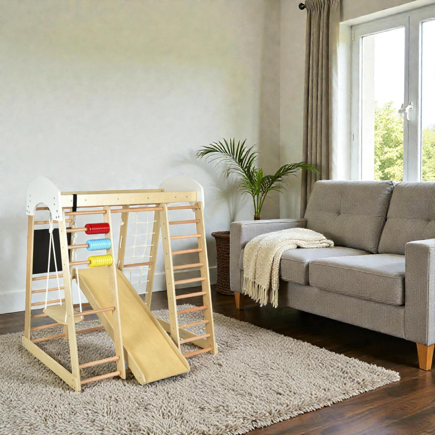 BreeBe - 8-in-1 Kids’ Outdoor Climbing Set with Slide & Swing - Natural