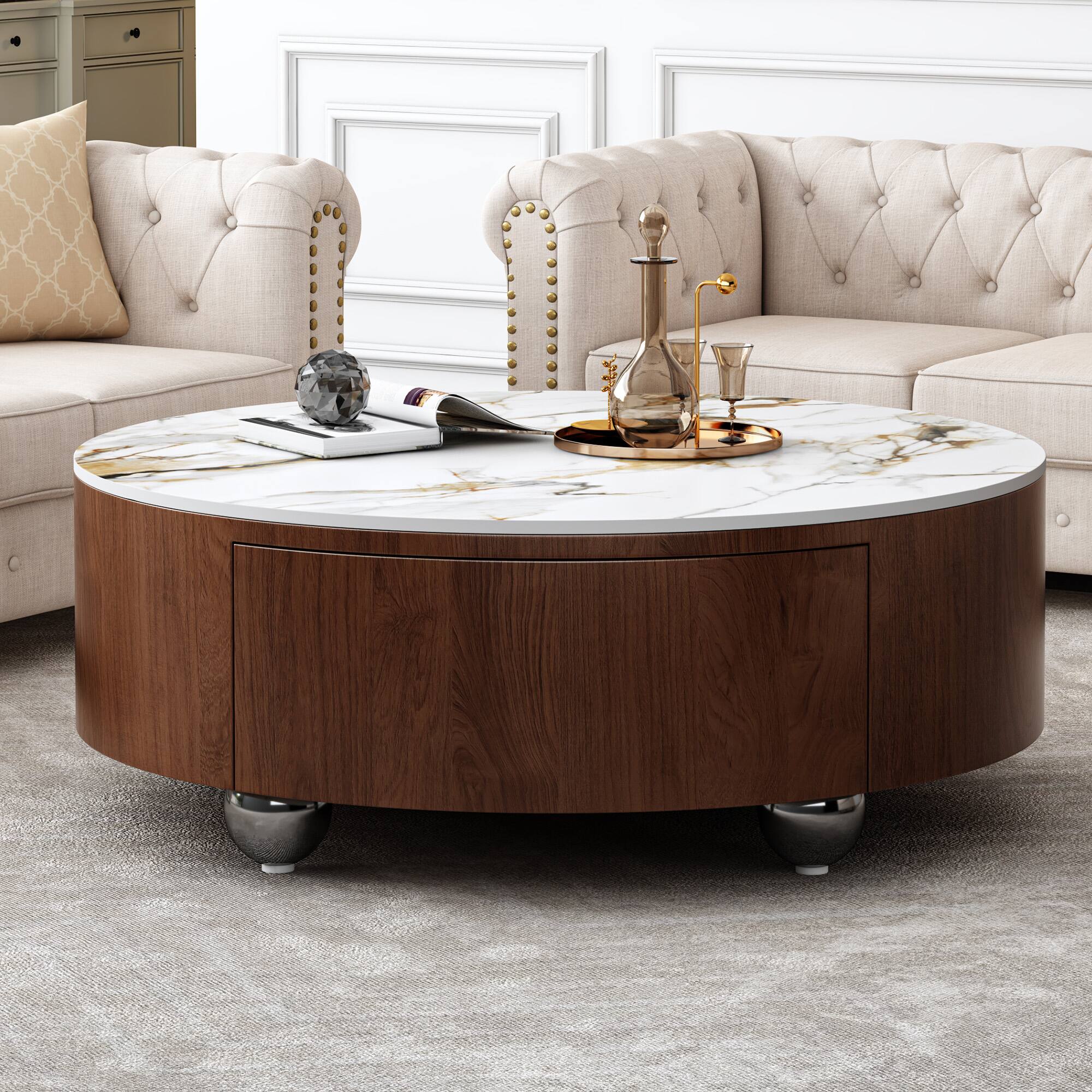 Back. Tiramisubest - Rustic Round Coffee Table with 2 Drawers and Sintered Stone Top, Modern Living Room Center Table - Walnut Brown,White+Multi.