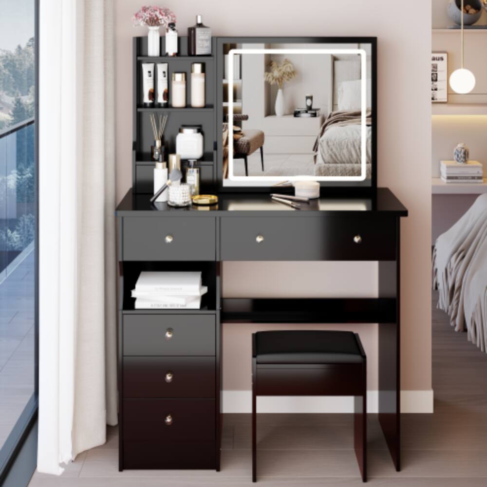Back. LUCKY ONE - 37in Freestanding Vanity Set with Sliding LED Mirror, Stool and Drawers for Bedroom - Black.