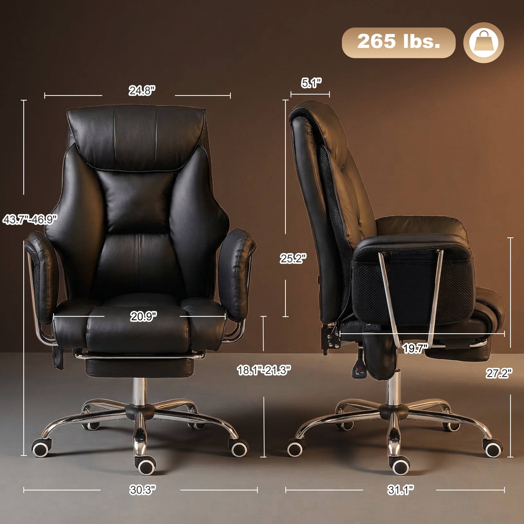 265 lbs.  
24.8"  
5.1"  
43.7"-46.9"  
25.2"  
20.9"  
18.1"-21.3"  
19.7"  
27.2"  
30.3"  
31.1"