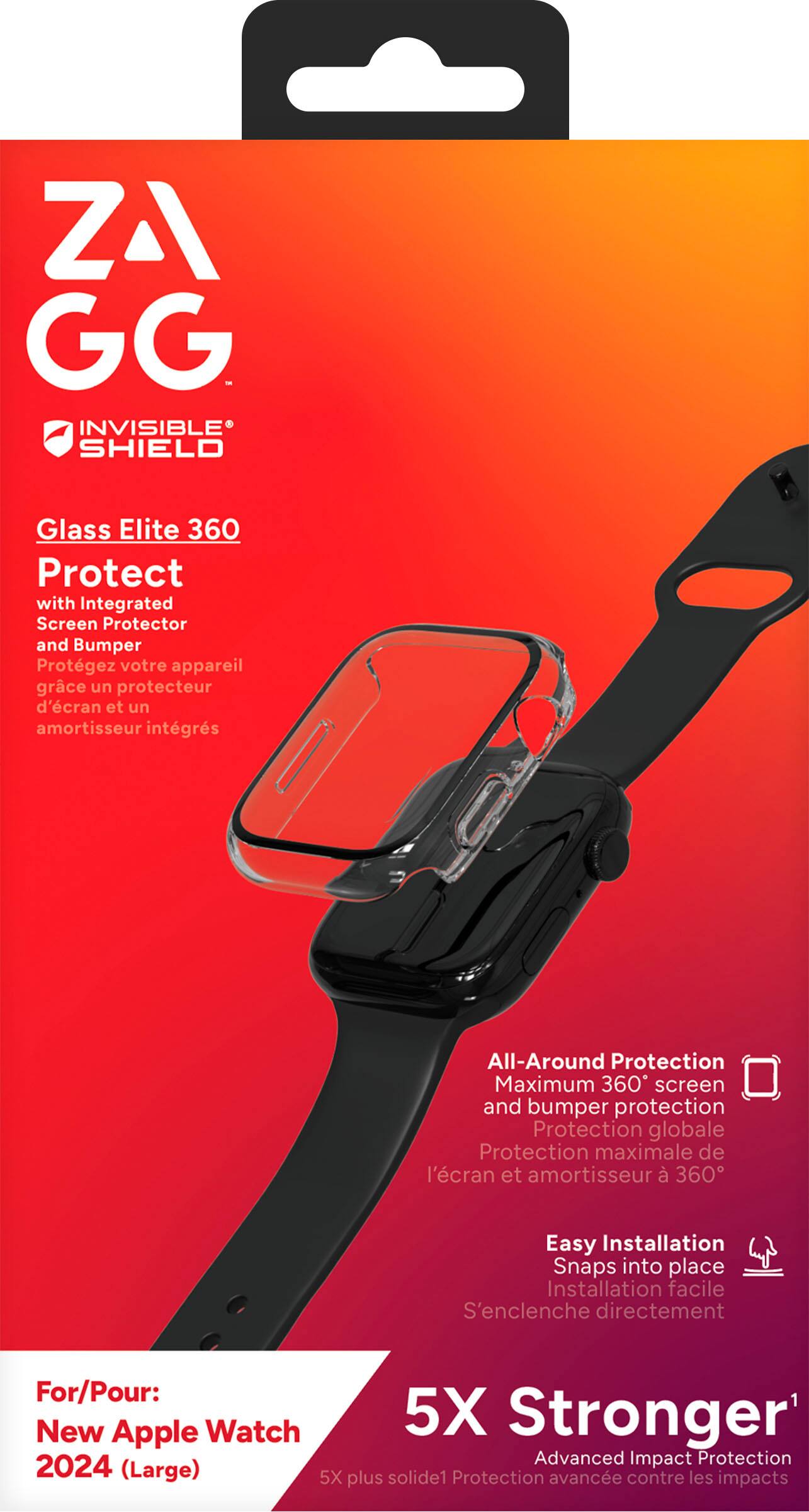 ZAGG - INVISIBLE SHIELD Glass Elite 360 Protect with Integrated Screen Protector and Bumper - All-Around Protection - Maximum 360 screen and bumper protection - Protection globale - Protection maximale de l'cran et amortisseur - 360 Easy Installation - Snaps into place - For/Pour: New Apple Watch 5X Stronger' Advanced Impact Protection 2024 (Large) - 5X solide - Protection avance contre les plus impacts.