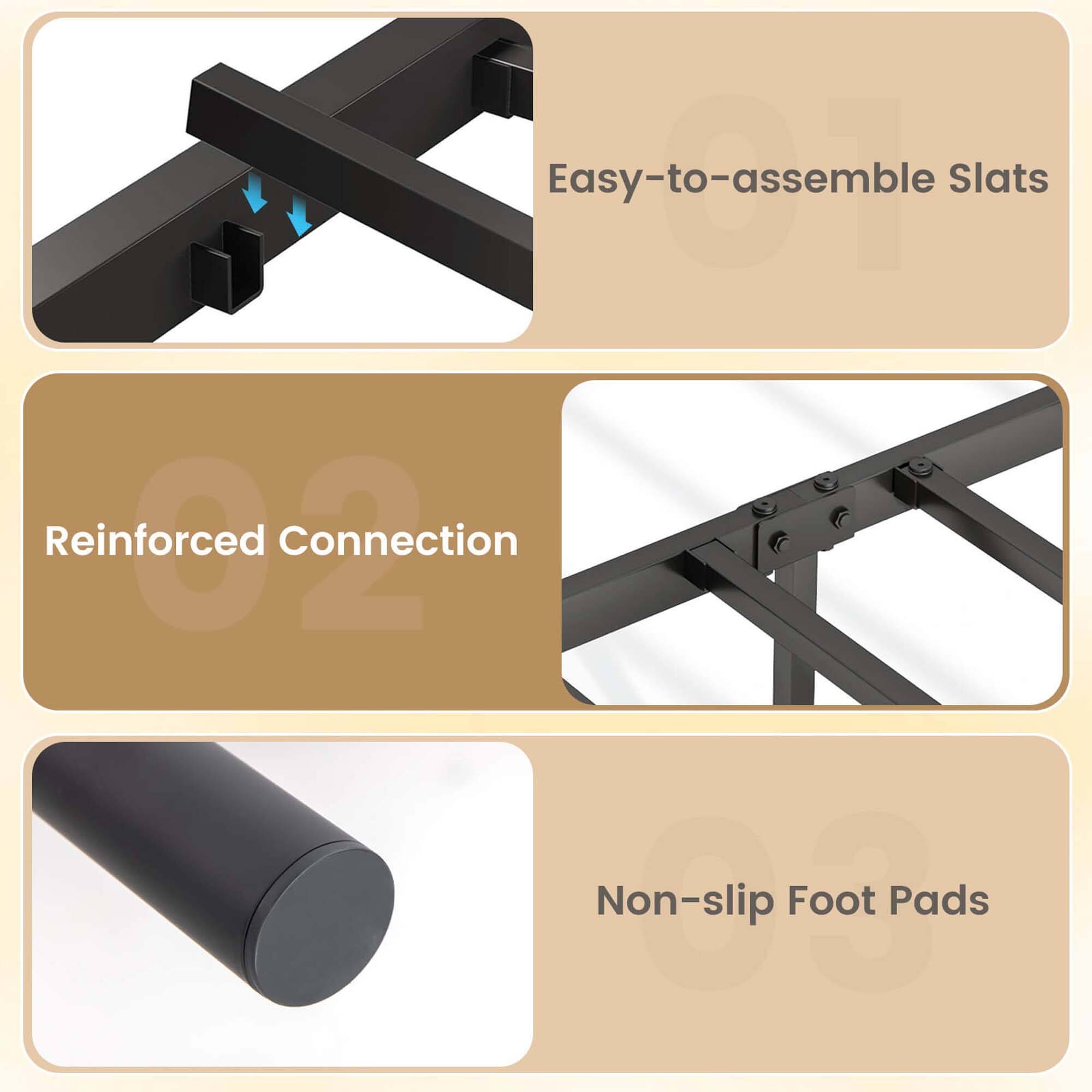 Easy-to-assemble slats Reinforced connection Non-slip foot pads