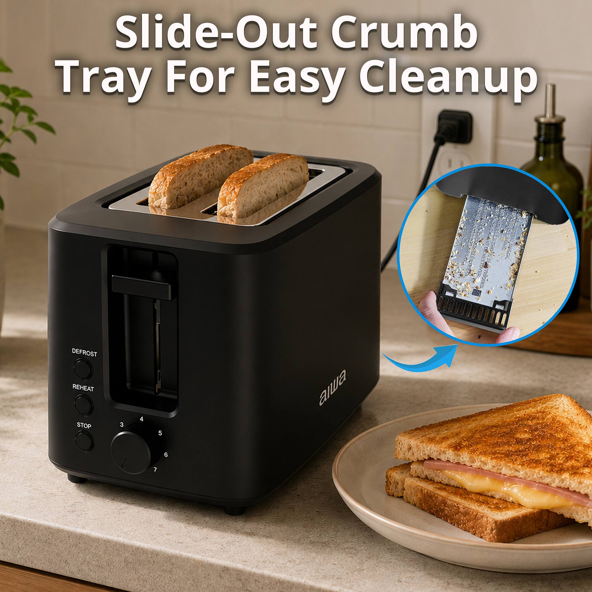 Slide-Out Crumb Tray For Easy Cleanup - DEFROST REHEAT STOP 3 4 5 6