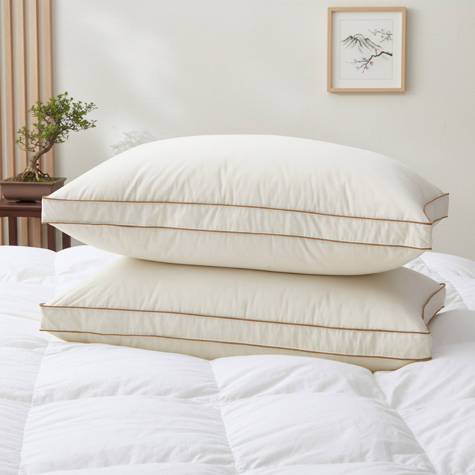 Angle. Puredown - Puredown 300TC Organic Cotton Down Feather Bed Pillow Made in Japan, Gusseted, Queen - Gusseted.