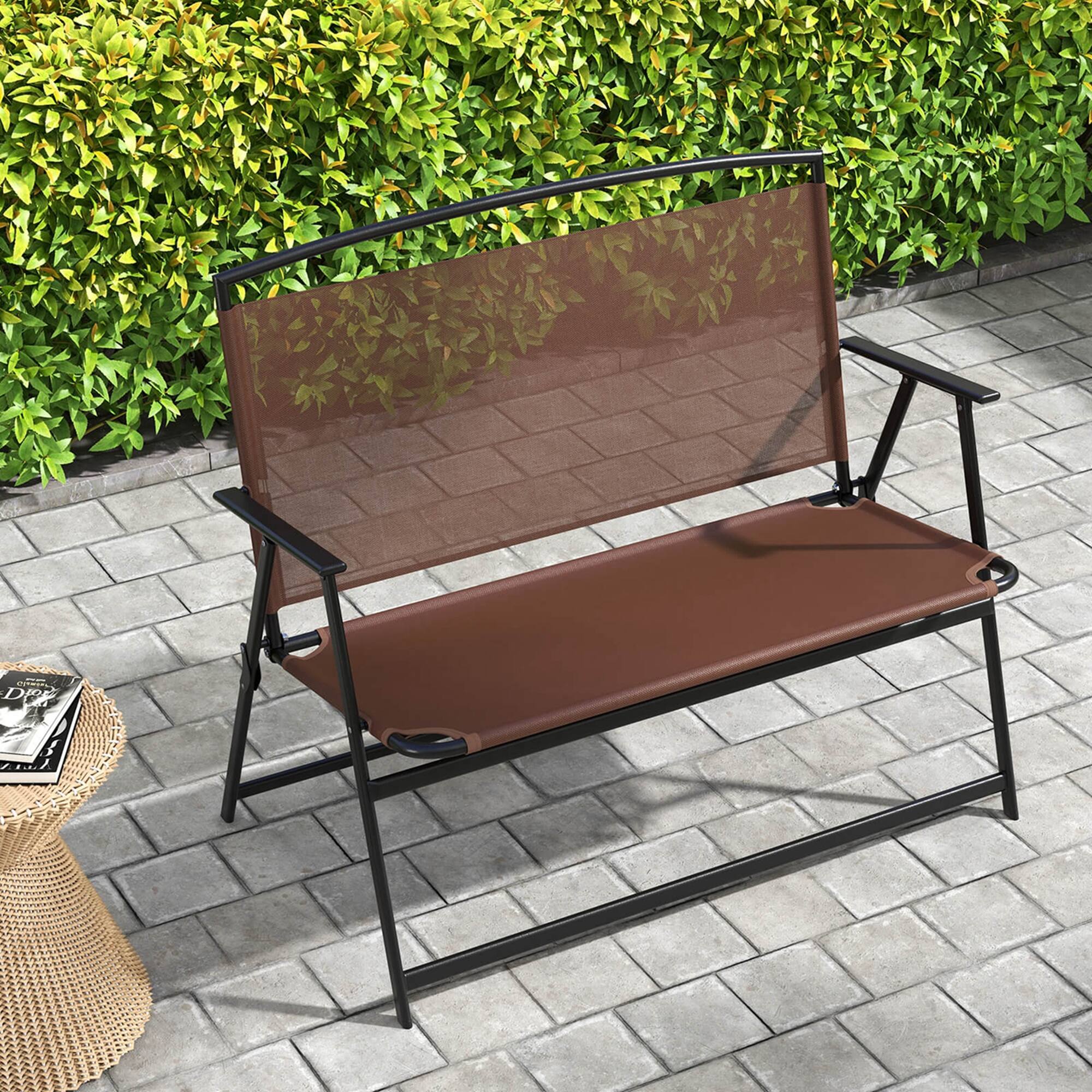 Back. Costway - 2-Person Patio Bench Folding Outdoor Garden Bench with Backrest and Armrests - Brown.
