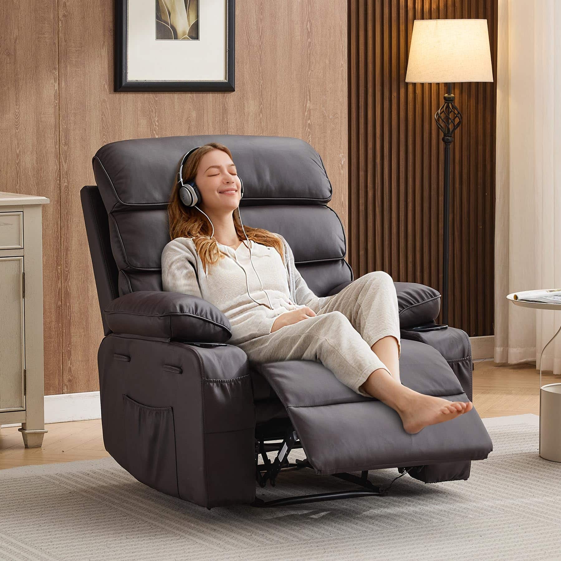Babevy - Ergonomic PU Leather Recliner Chair with Massage & Heat, Adjustable Backrest and Footrest, for Adults & Nursery - Coffee