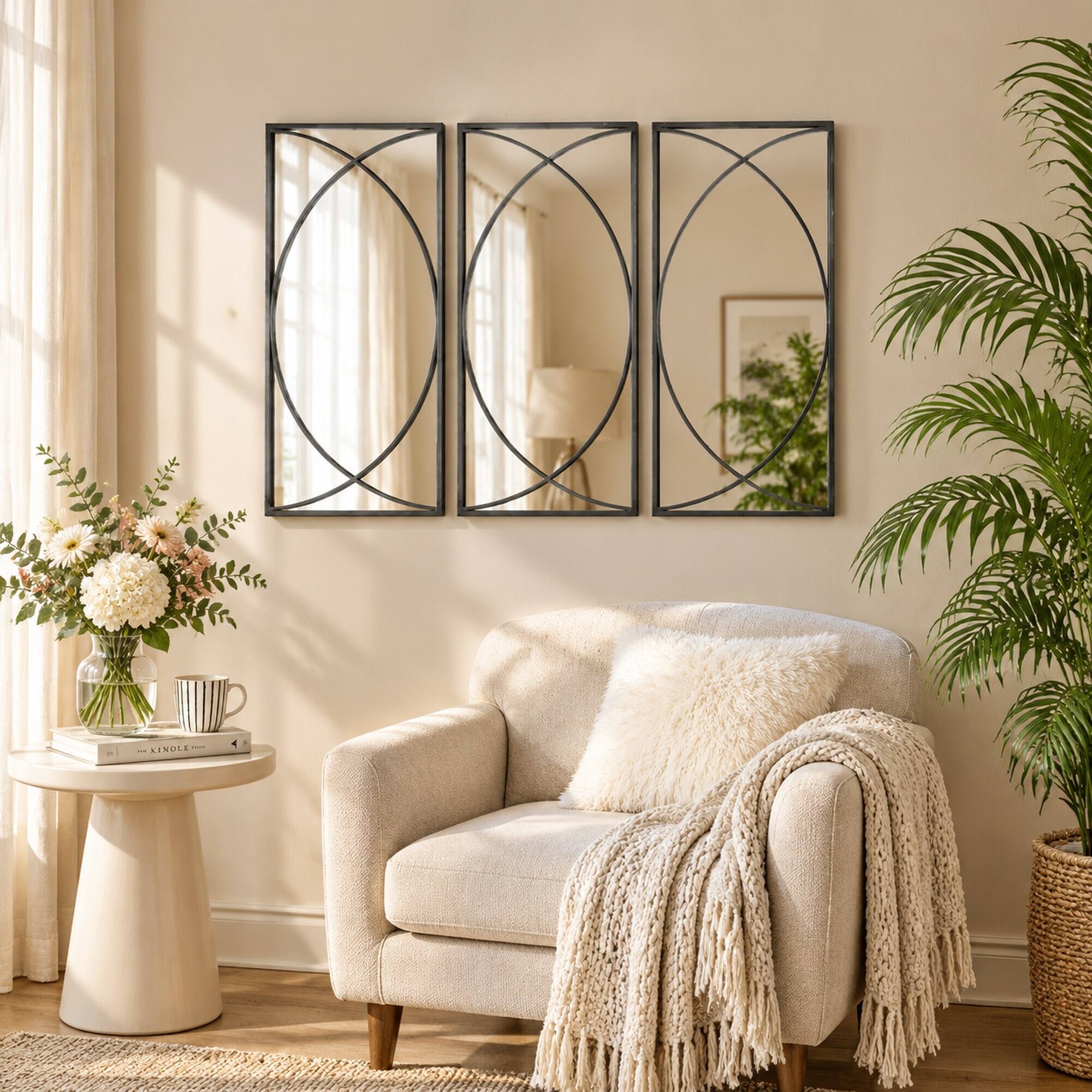 Alt View 1. RYHNUYNE - 32 in Rectangular Wall Mirror Set, 3 Black Iron Frames, Crossed Ring Design, Living Room and Bedroom Decor - Black.