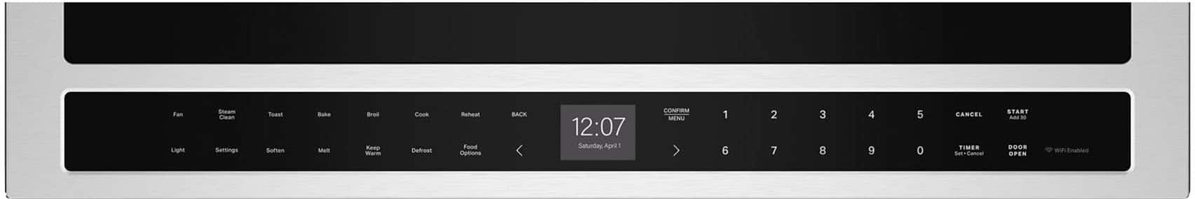 Fan Light Steam Clean Soften Bake MuR Broil Keep Warm Cook Defrost Reheat Food Options BACK 12:07 Saturday April CONFIRM MENU 1 6 2 7 3 8 4 9 5 0 CANCEL TIMER Sat Cancel START Auto - Boost OPEN