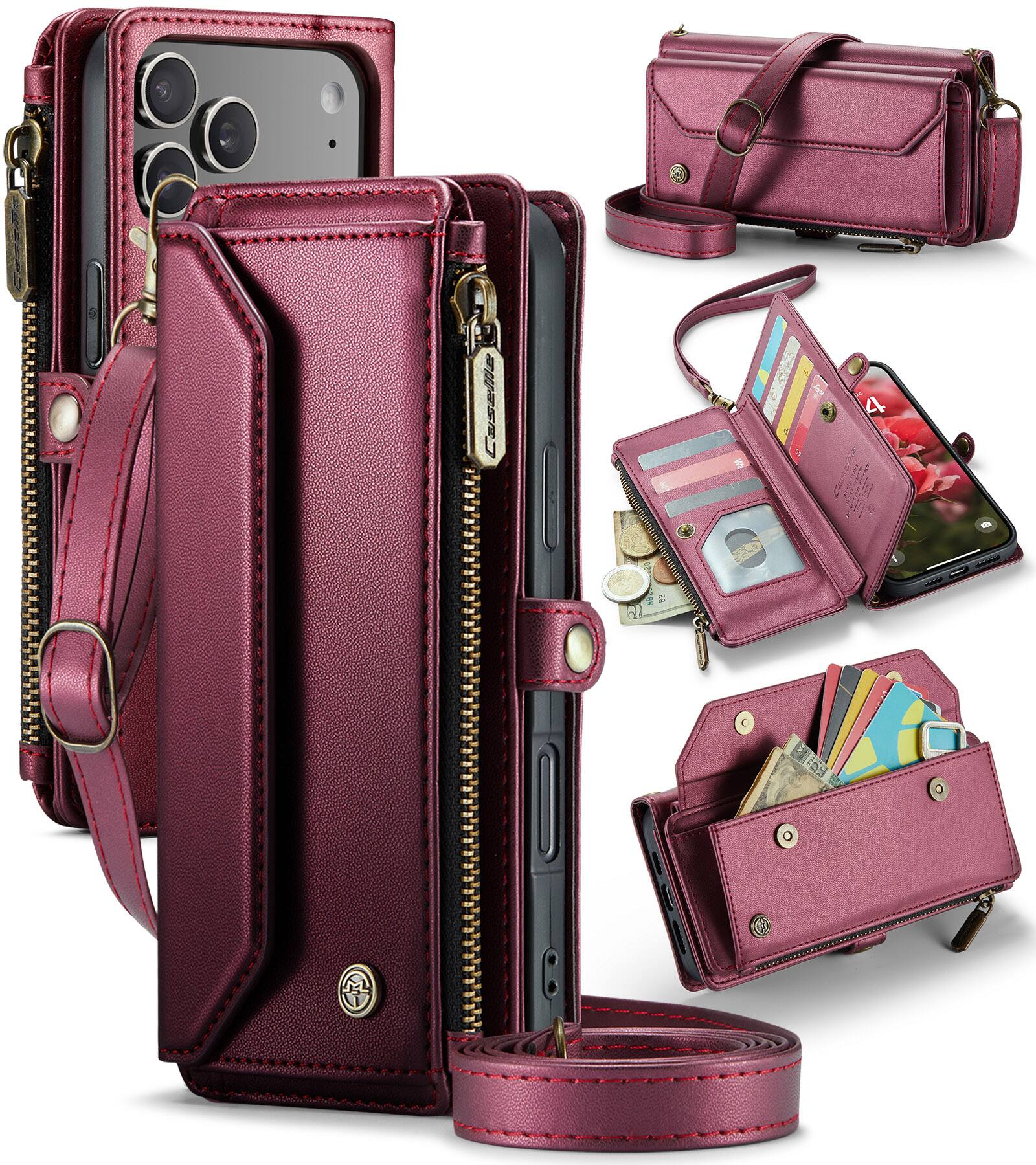 Dteck - Wallet Case for Apple iPhone 17 Pro Max, PU Leather RFID Blocking Card Holder Kickstand Cover with Crossbody Strap - Winered