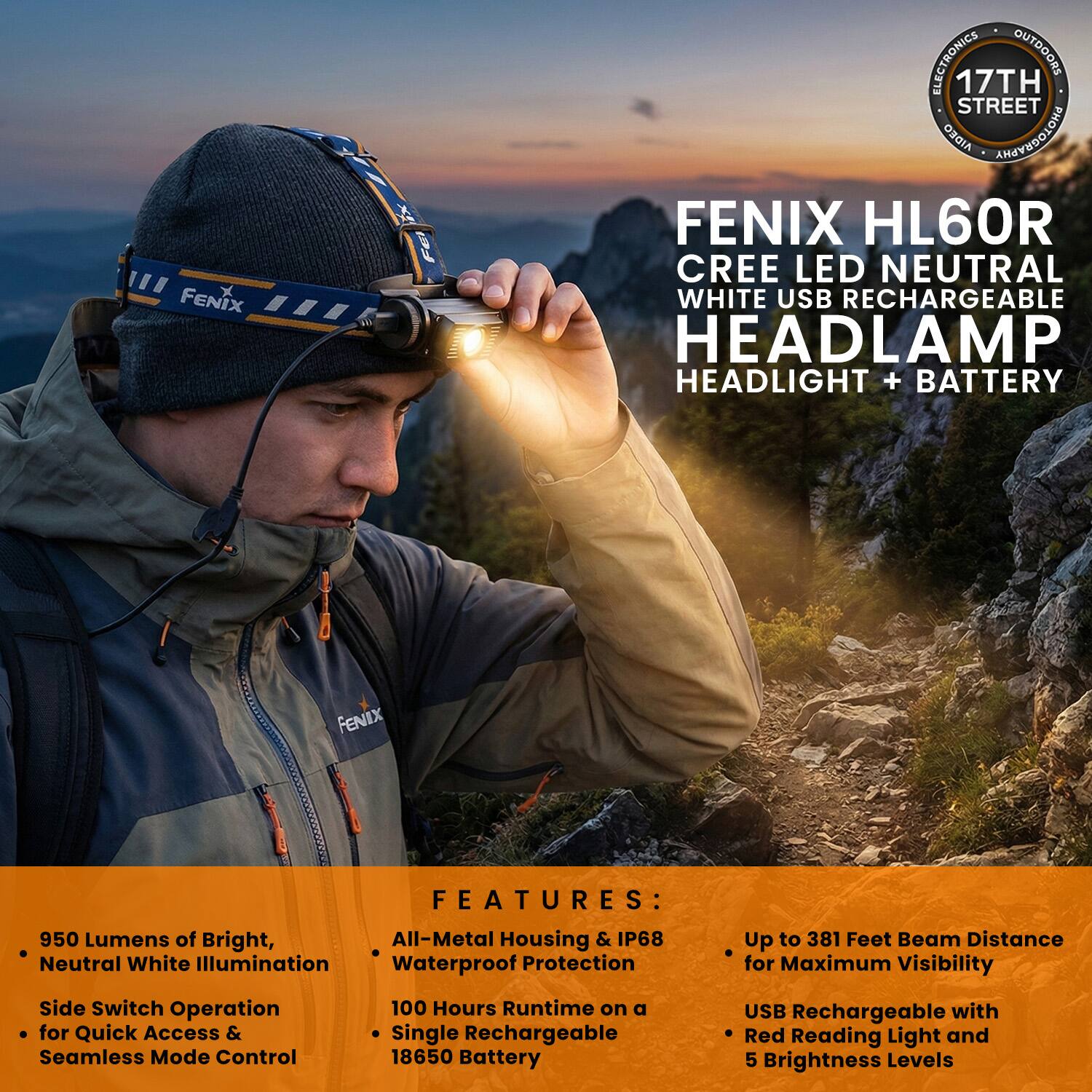 FENIX HL60R CREE LED NEUTRAL WHITE USB RECHARGEABLE HEADLAMP HEADLIGHT + BATTERY

FEATURES:
- 950 Lumens of Bright, Neutral White Illumination
- All-Metal Housing & IP68 Waterproof Protection
- Side Switch Operation for Quick Access & Seamless Mode Control
- Up to 381 Feet Beam Distance for Maximum Visibility
- 100 Hours Runtime on a Single Rechargeable 18650 Battery
- USB Rechargeable with Red Reading Light and 5 Brightness Levels