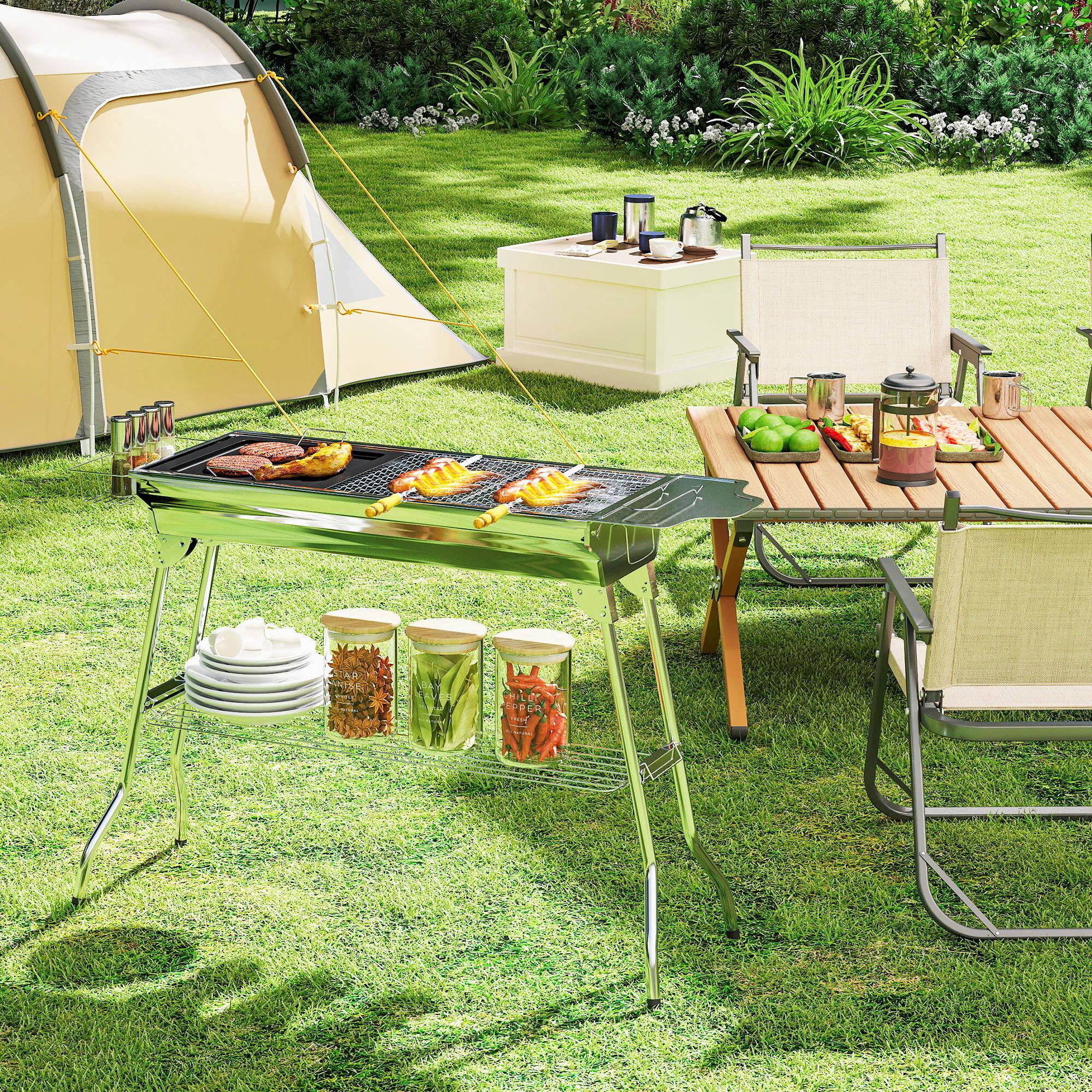 Alt View 1. Outsunny - Portable Charcoal Grill, Stainless Steel Folding Barbecue BBQ Grill with Pan, Grill Rack, Shelves and Hooks - Silver.