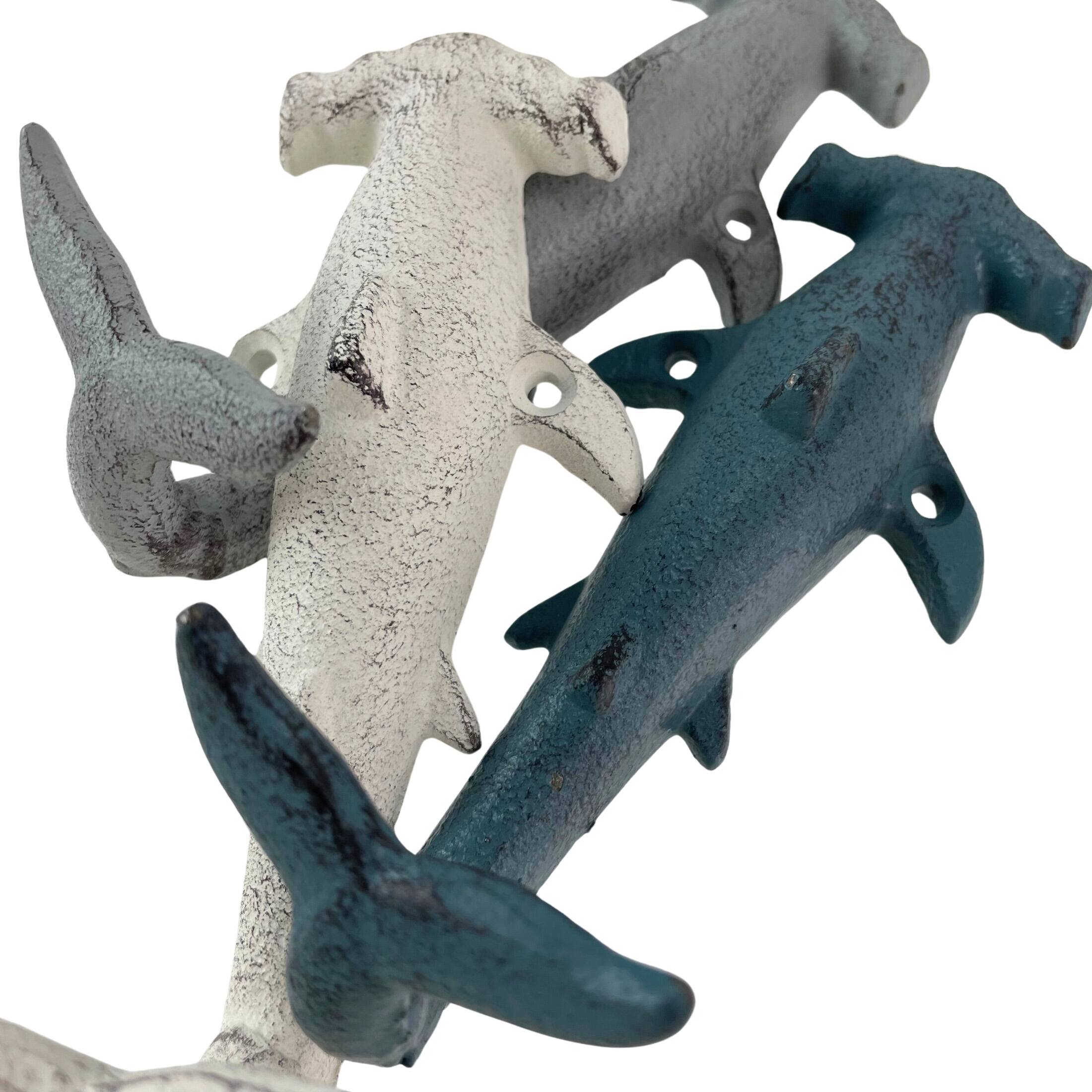 Alt View 2. Zeckos - Hammerhead Shark Wall Hooks Set – Cast Iron Nautical Decor, 5 Inches High - Multicolored.