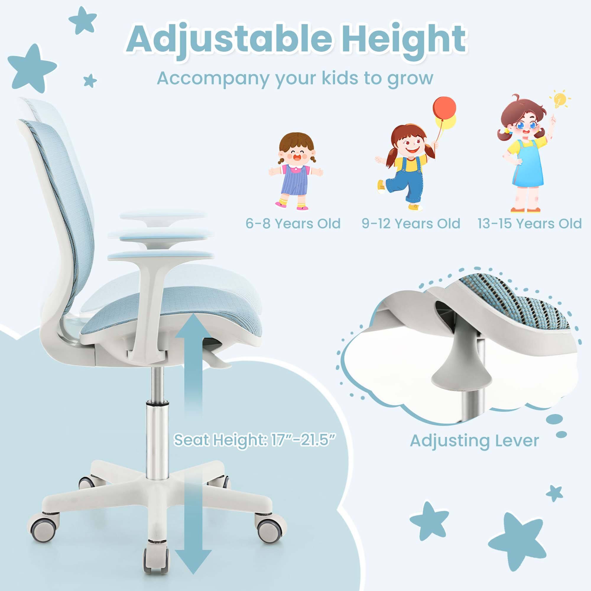 Adjustable Height, Accompany your kids to grow, 6-8 Years Old, 9-12 Years Old, 13-15 Years Old, Seat Height: 17"-21.5", Adjusting Lever