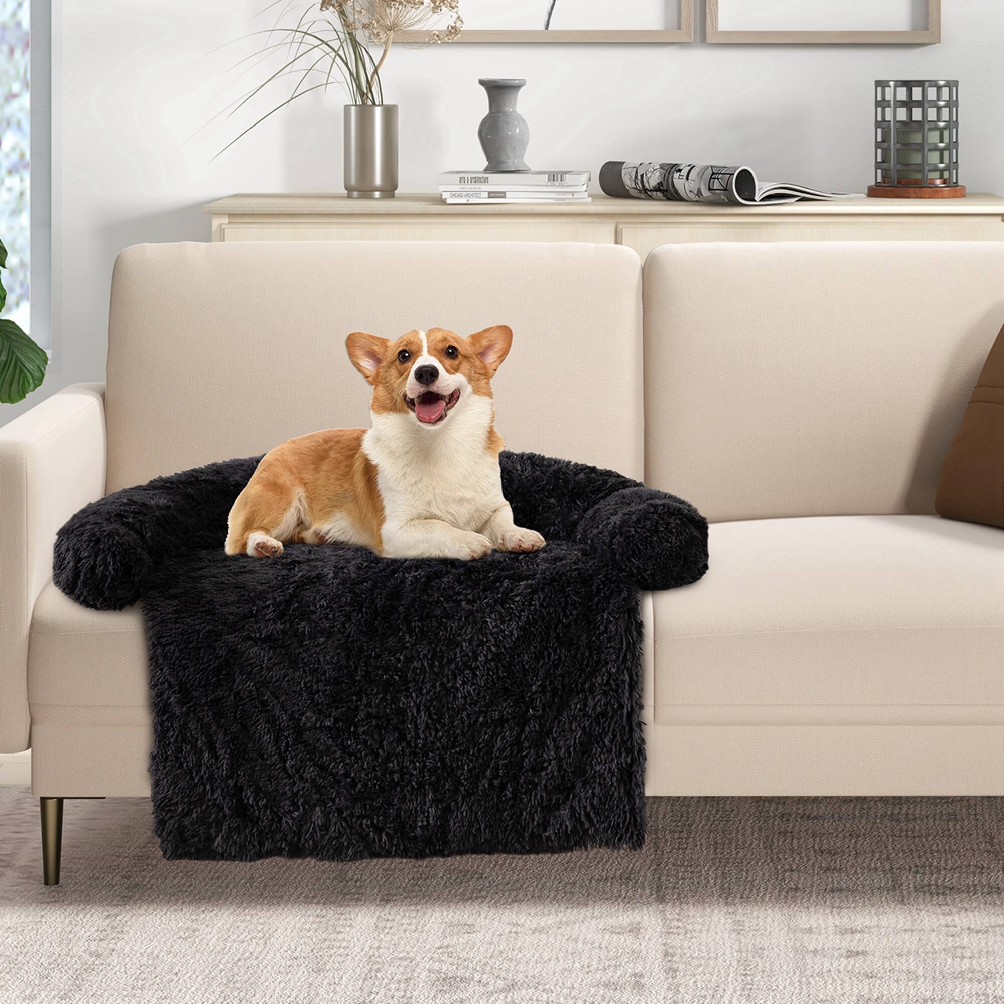 Alt View 1. Costway - Costway Plush Calming Dog Couch Bed with Anti-Slip Bottom Plush Mat for Small Dogs & Cats - Black.