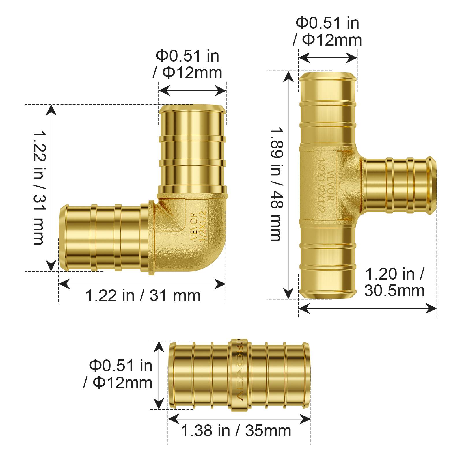 - 0.51 in / 12mm
- 1.22 in / 31 mm
- 1.89 in / 48 mm
- 1.20 in / 30.5mm
- 1.38 in / 35mm