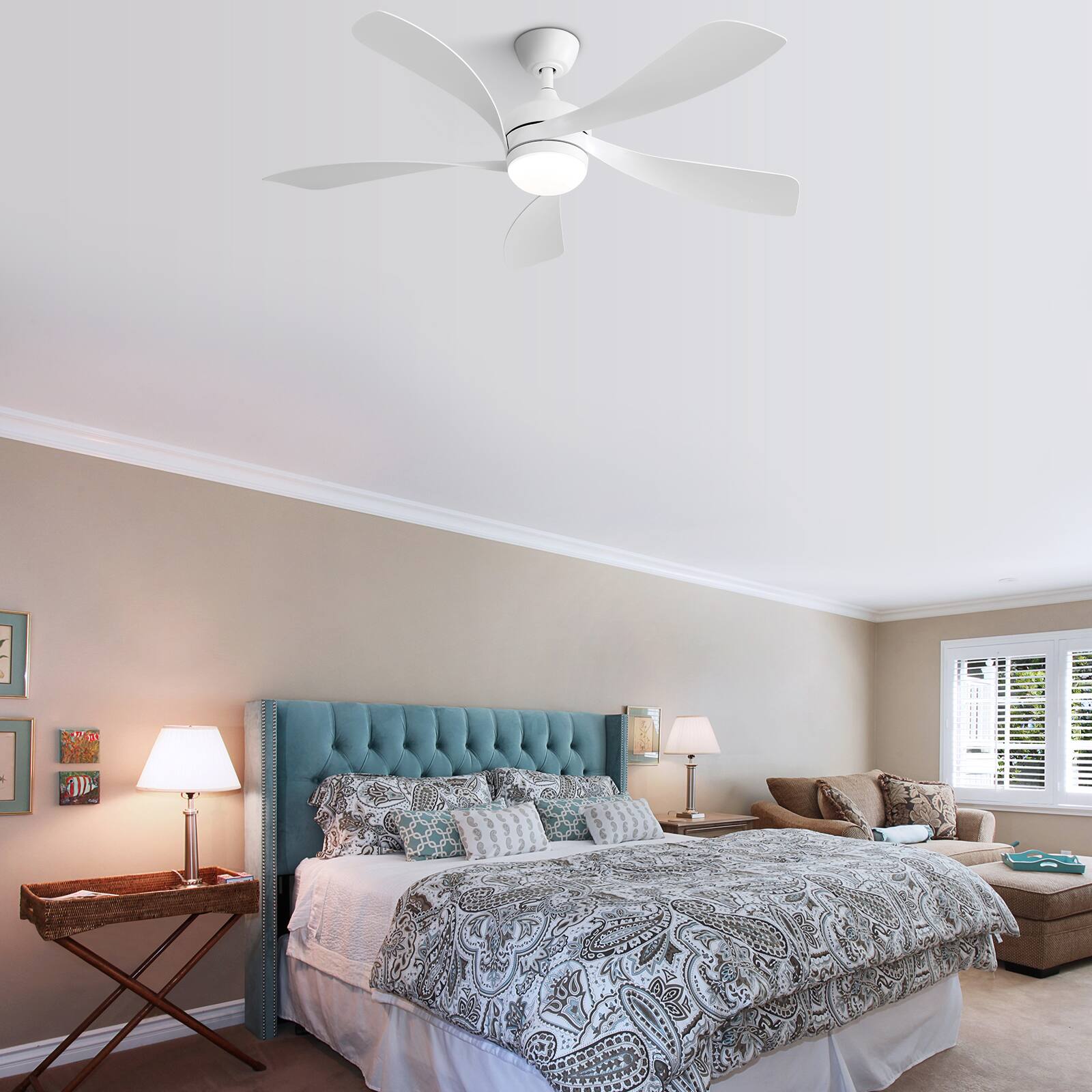 Left. GOODSILO - 52 Inch Modern LED Ceiling Fan with Dimmable Light, Remote Control, and Reversible DC Motor for Indoor Rooms - White.