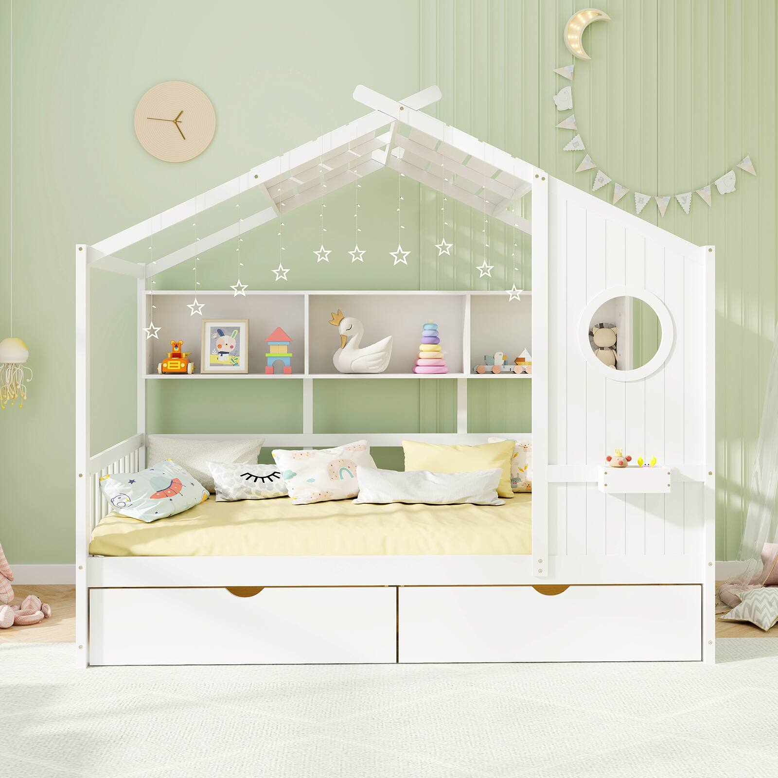 Alt View 3. Gymax - Gymax Twin Size House Bed Kids Bed Frame w/ 2 Storage Drawers & Fence Guardrails White - White.