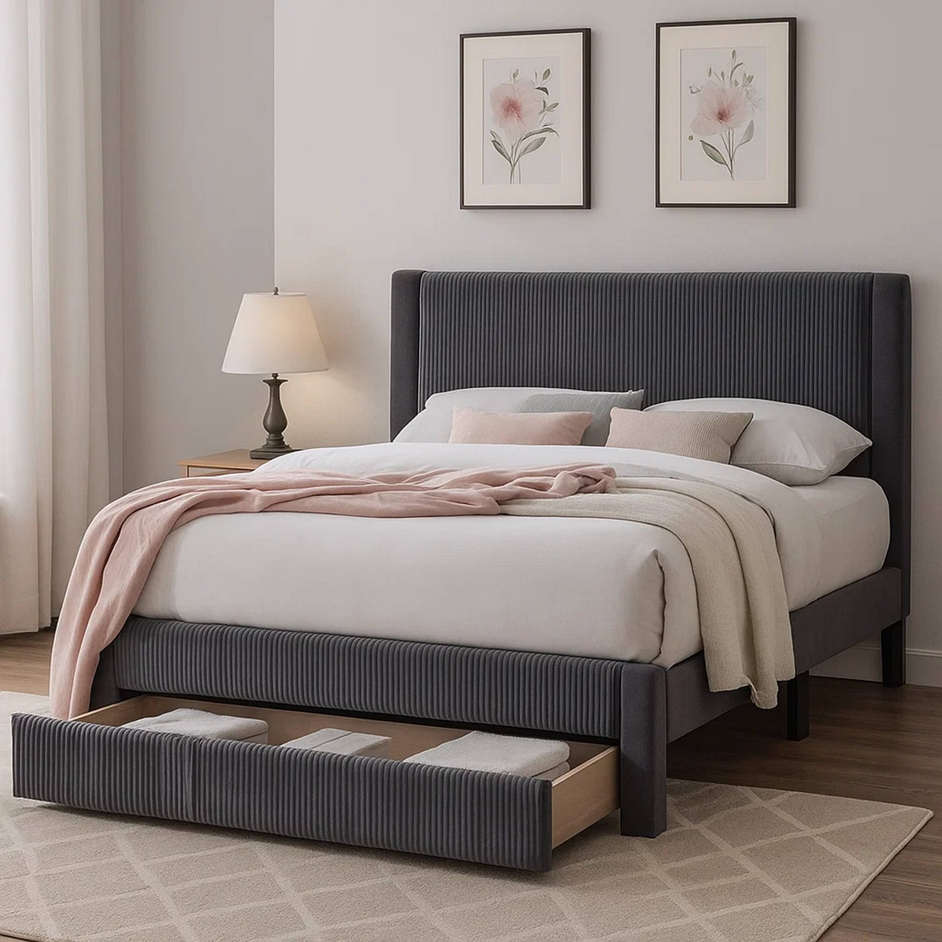 Alt View 2. Manhattan Lane - Daisy Full Bed w Drawer, Dark Gray Corduroy Upholstery, Foam Headboard - Dark Gray.