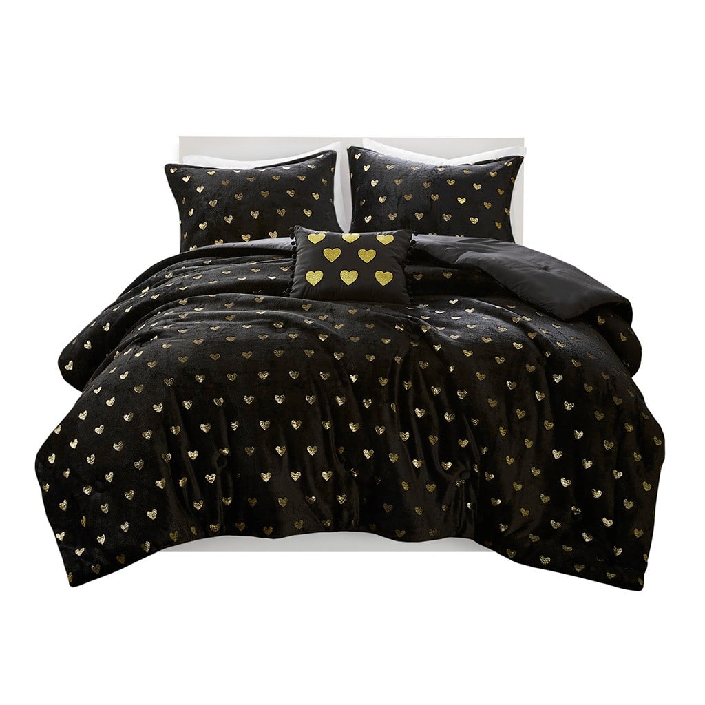 Gracie Mills - Elysia Metallic Printed Plush Comforter Set - Black/Gold