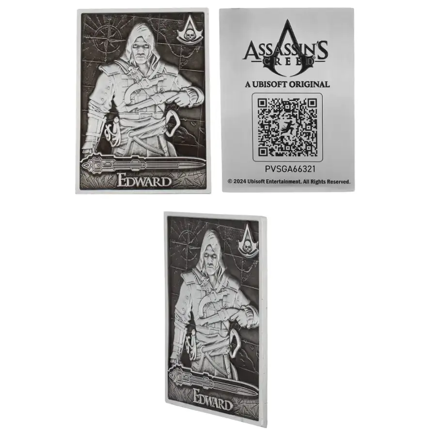 Assassin's Creed is a Ubisoft Original. The image features Edward, who is holding a sword and a knife. The image is a part of a card set, and the card is numbered PVSGA66321. The card is also accompanied by a QR code.