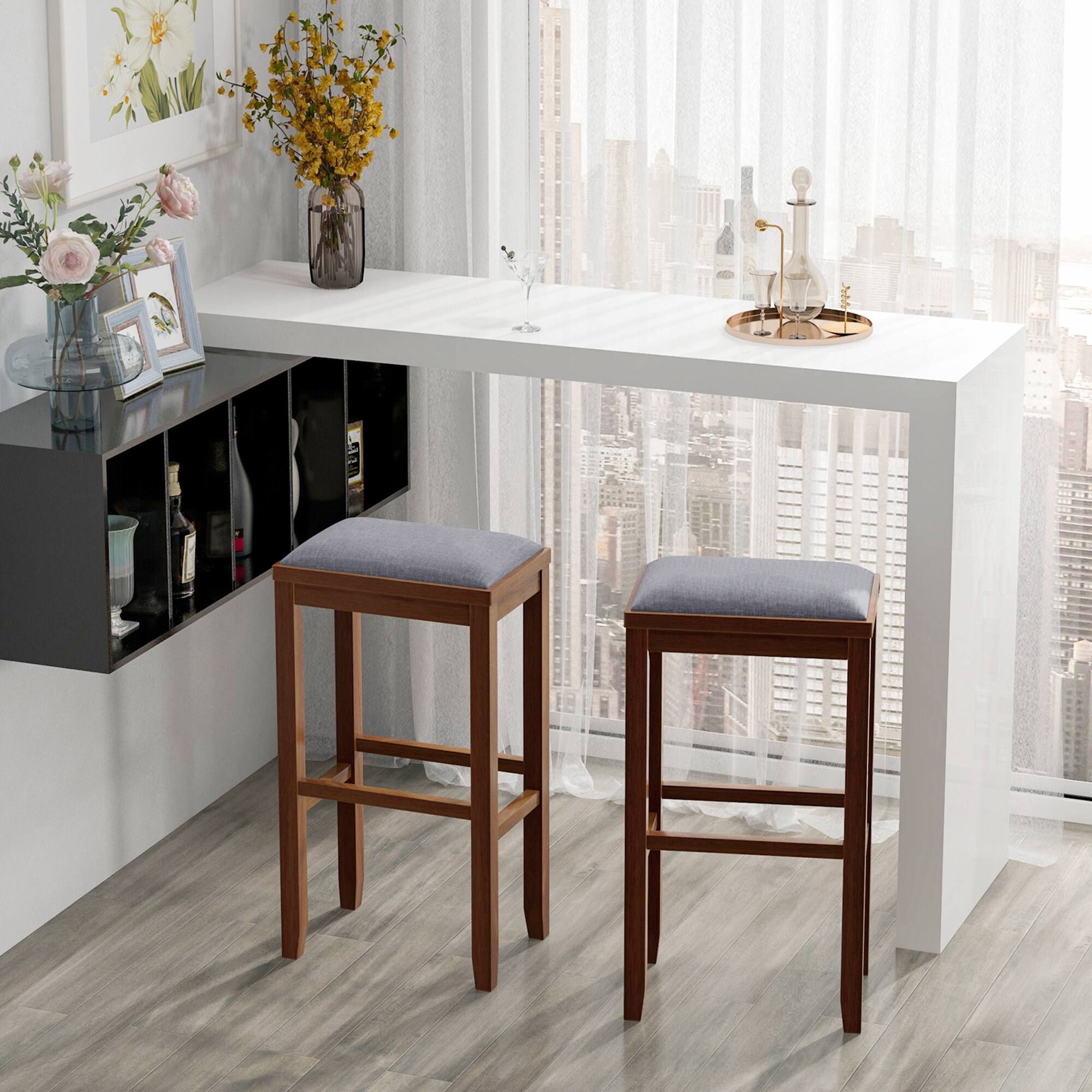 Alt View 1. Costway - Set of 2 Upholstered Bar Stools Wooden Bar Height Dining Chairs - White/Gray.