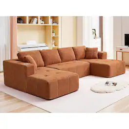Brick Attic - 136" U-Shaped Modular Tufted Sectional Sofa, Modern Cloud Couch 3-Piece Upholstered Design for Living Room - Reddish Brown