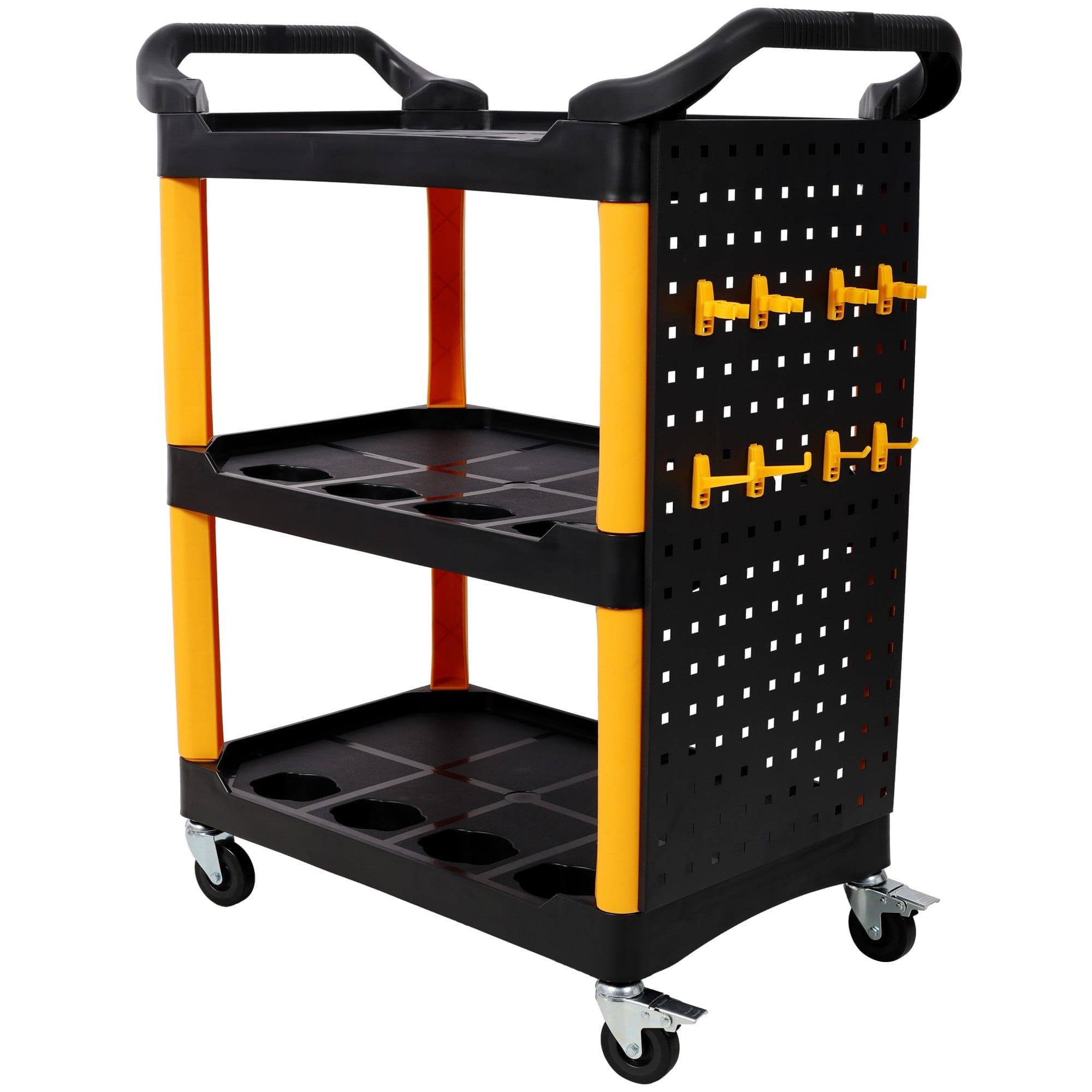 Boyel Living - 17 Inches 3 Tier Black Rolling Plastic Utility Tool Cart With Wheels Panel Hook - Yellow