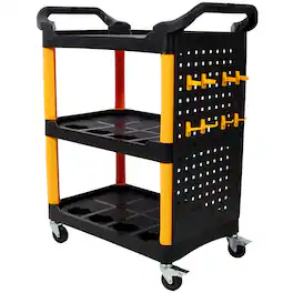 Boyel Living - 17 Inches 3 Tier Black Rolling Plastic Utility Tool Cart With Wheels Panel Hook - Yellow