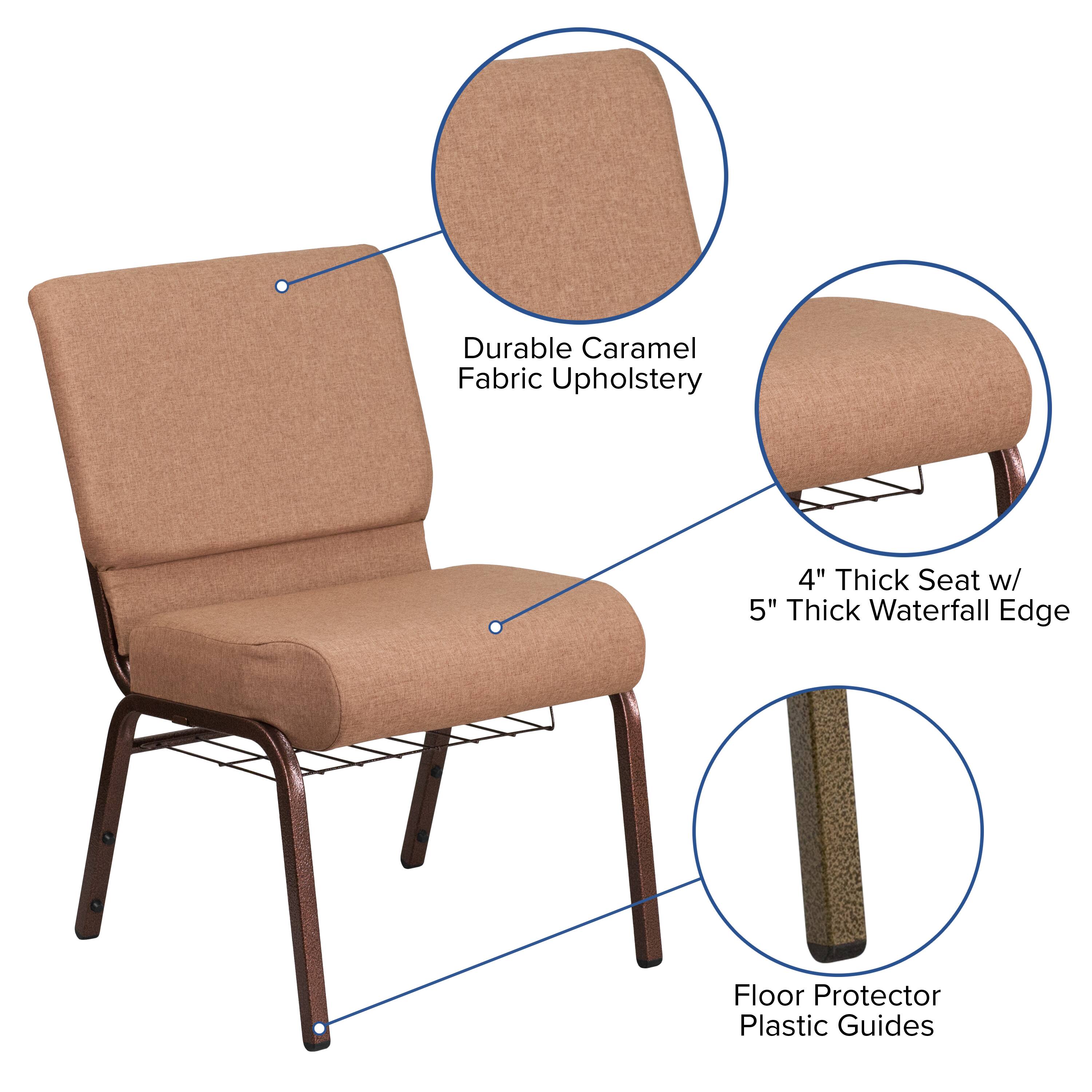 Durable Caramel Fabric Upholstery  
4" Thick Seat w/ 5" Thick Waterfall Edge  
Floor Protector Plastic Guides