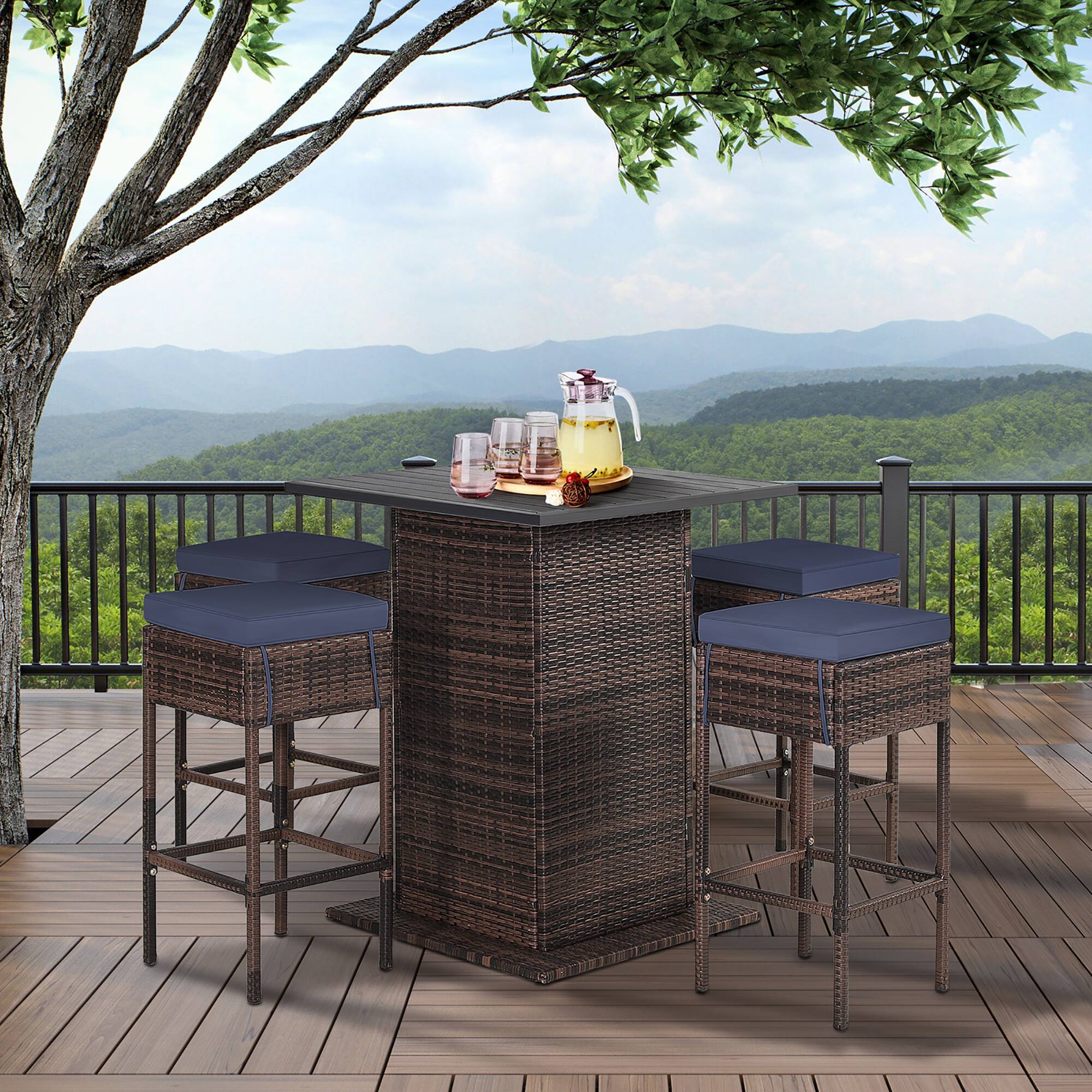 Alt View 9. Gymax - Gymax 5PCS Patio Bar Set Rattan Bar Furniture Set w/ Table & 4 Cushioned Stools Navy - Navy.