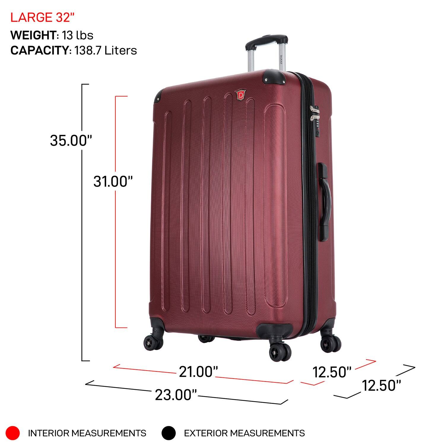 LARGE 32"  
WEIGHT: 13 lbs  
CAPACITY: 138.7 Liters  

INTERIOR MEASUREMENTS:  
- 35.00"  
- 31.00"  
- 21.00"  
- 23.00"  

EXTERIOR MEASUREMENTS:  
- 12.50"  
- 12.50"