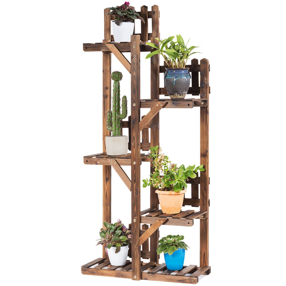 Alt View 2. Costway - 5-Tier Flower Rack Wood Plant Stand 6 Pots Display Shelf Multifunctional Rack - carbon baking.