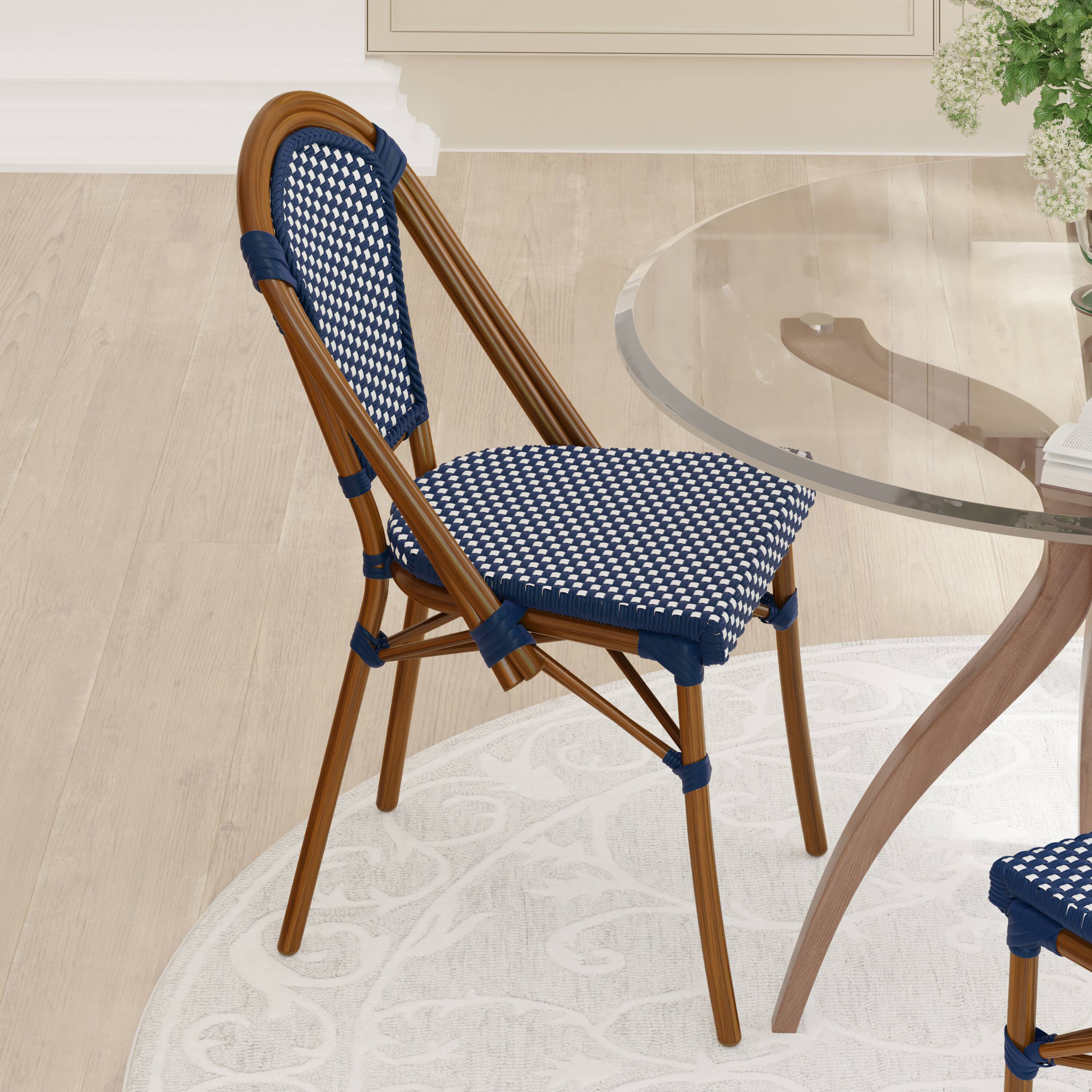 Alt View 4. Emma + Oliver - Soie Stacking Bistro Chairs with PE Seat and Back and Aluminum Frame for Indoor/Outdoor Use - Navy & White/Natural Frame.