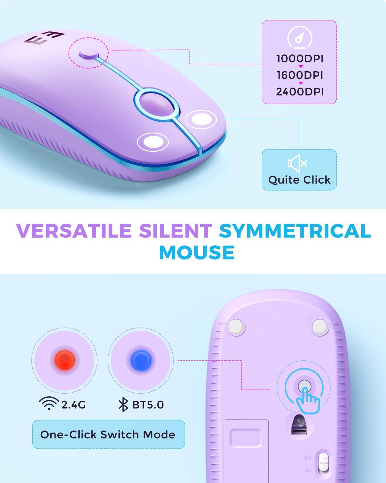 Sure, here is the corrected and grouped text from the image:

---

**VERSATILE SILENT SYMMETRICAL MOUSE**

- **DPI Settings:**
  - 1000DPI
  - 1600DPI
  - 2400DPI

- **Quite Click**

- **Connectivity:**
  - 2.4G
  - BT5.0

- **One-Click Switch Mode**

---

This text is organized to reflect the features and specifications of the mouse as shown in the image.