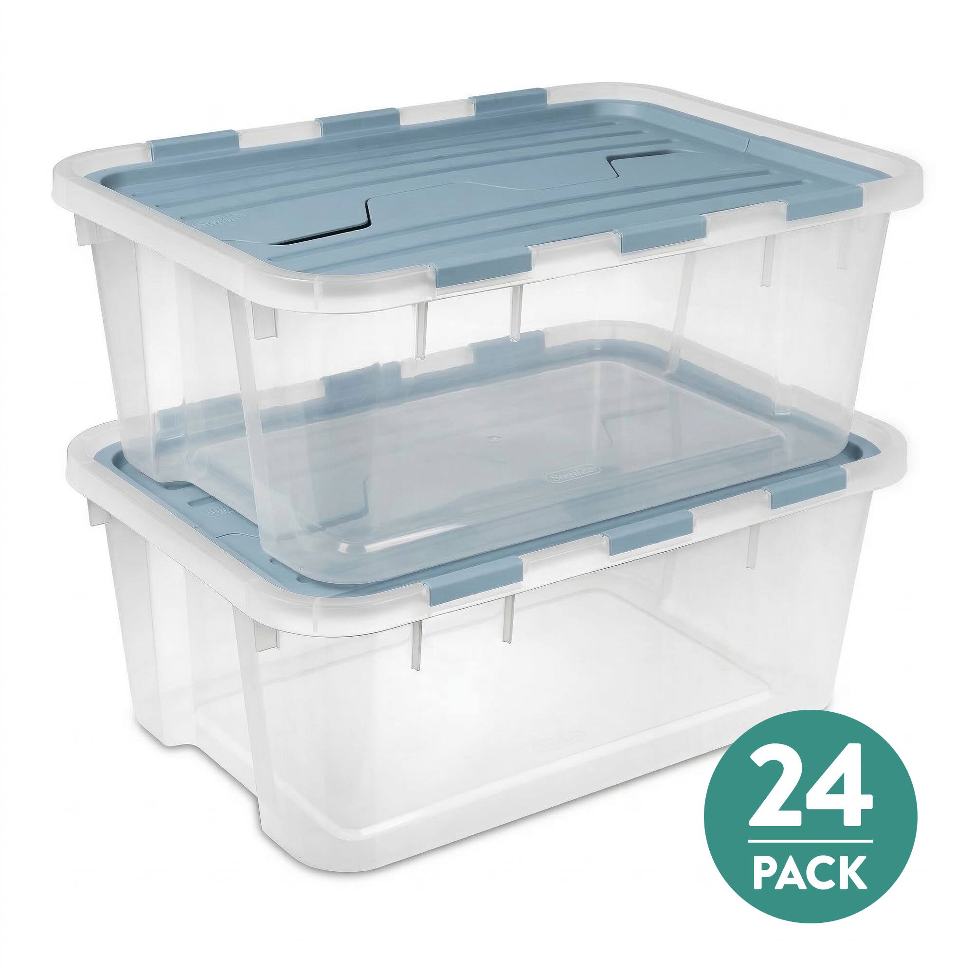 Front. Sterilite - Sterilite 40 Qt Hinged Lid Storage Box, Plastic Container, Washed Blue, 24 Pack.