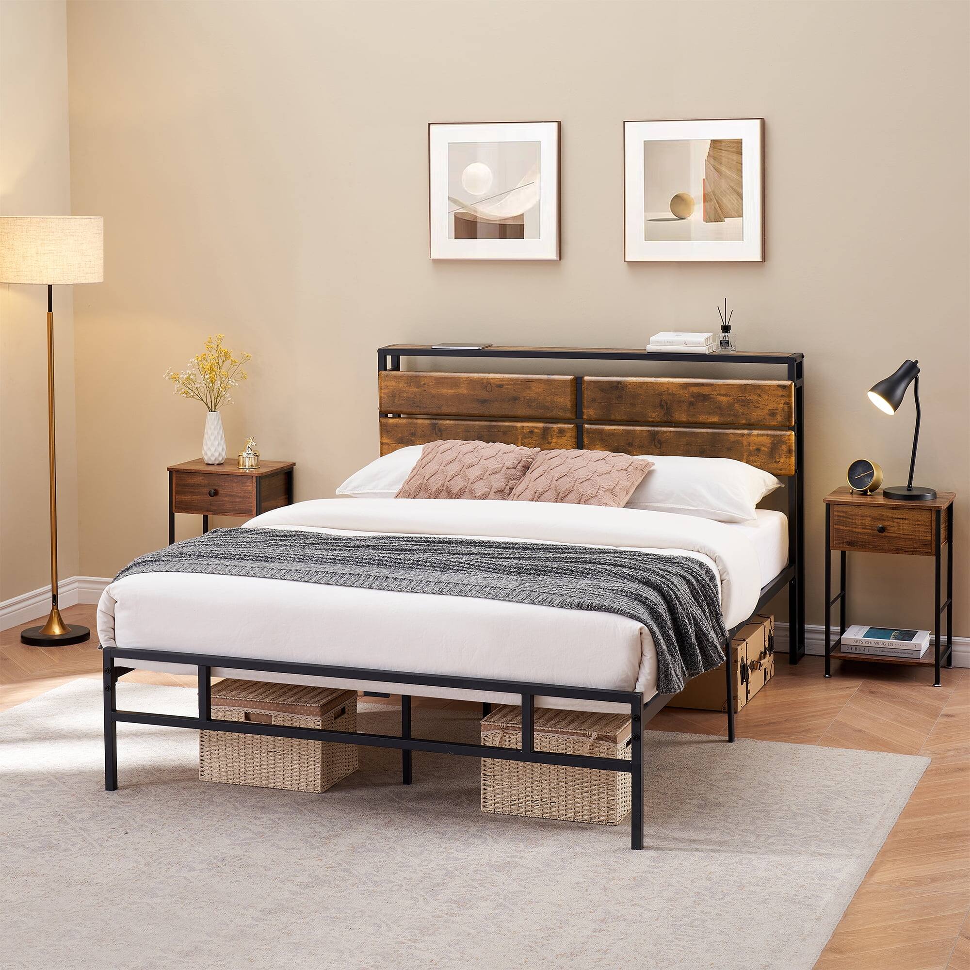 Alt View 4. GARVEE - Full Industrial Wood Metal Bed Vintage Brown Storage Headboard Wooden Shelves No Box Spring - Brown.
