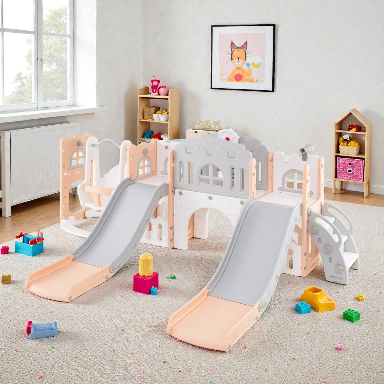 BreeBe - All-in-One Toddler Playground Set Featuring Double Slides, Swing, and Tunnel - Pink price history on PriceWatchPro