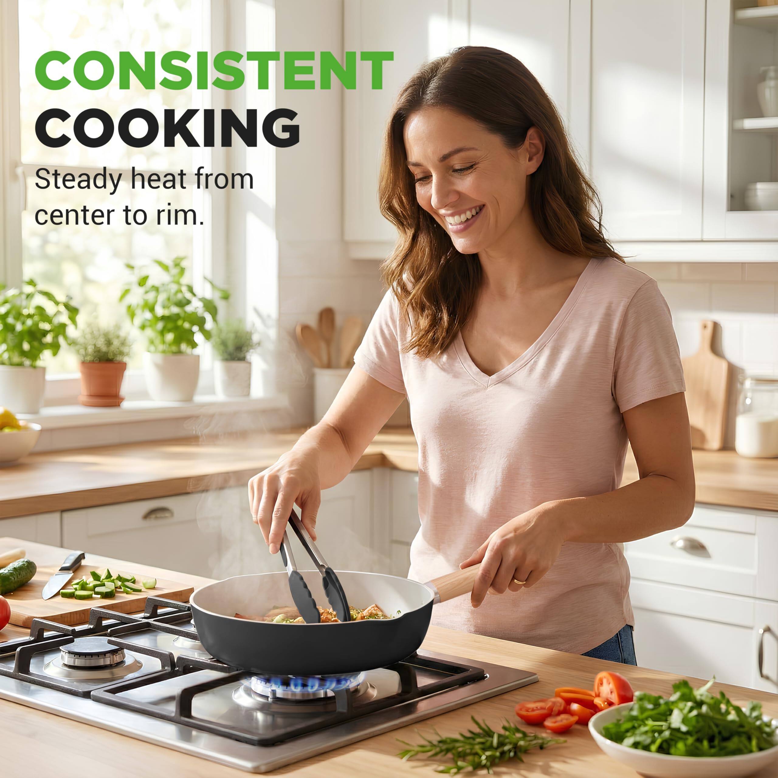 CONSISTENT COOKING  
Steady heat from center to rim.